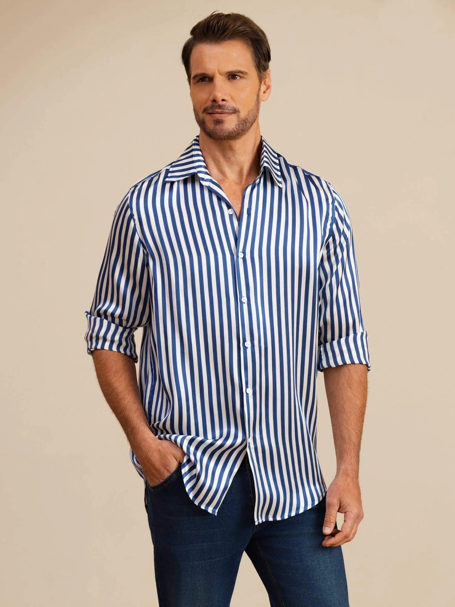 19Momme Seda Hombre Manga Larga Cuello Solapa Estampado Rayas Camisa - Image 5