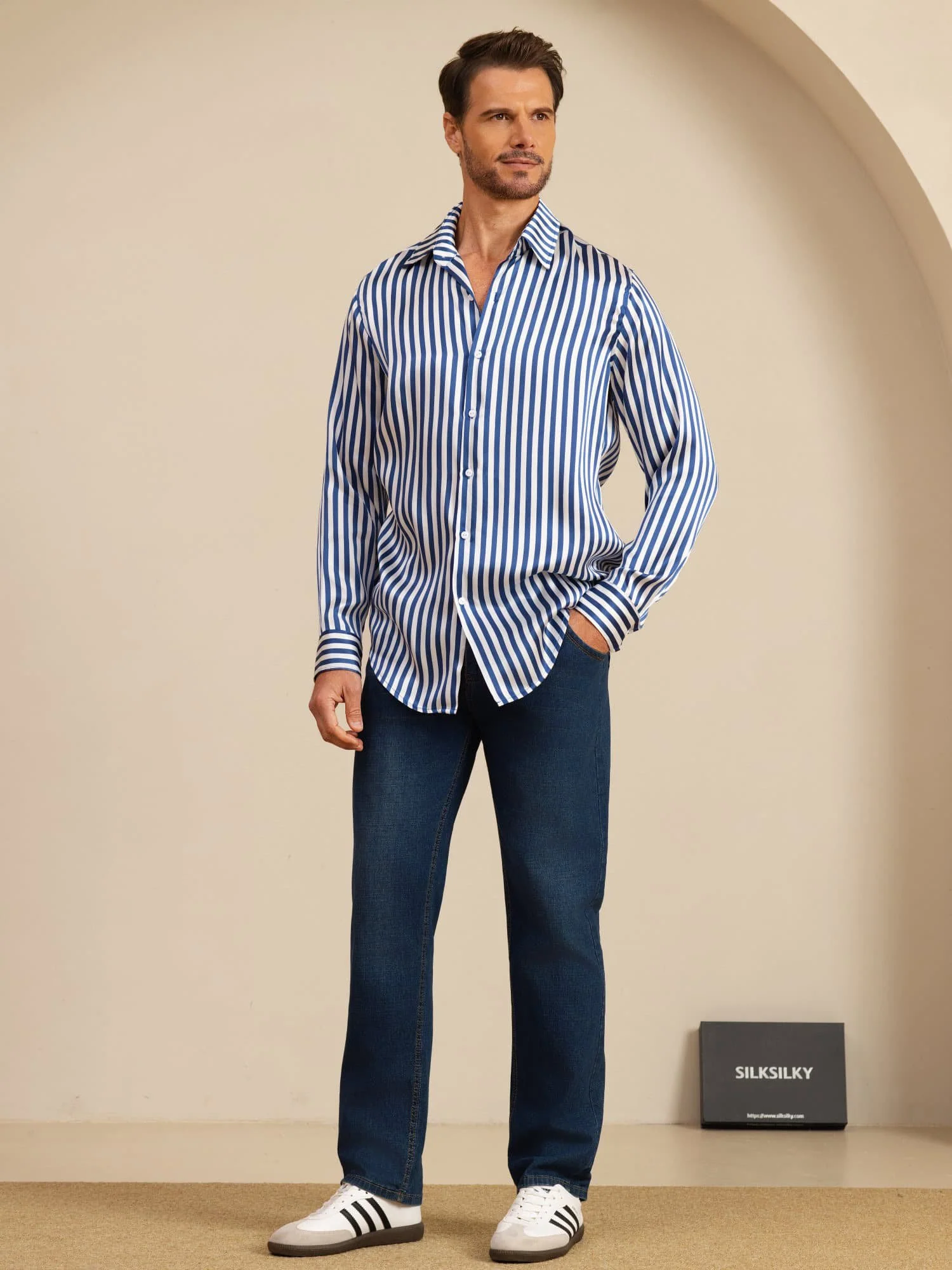 19Momme Seda Hombre Manga Larga Cuello Solapa Estampado Rayas Camisa - Image 7