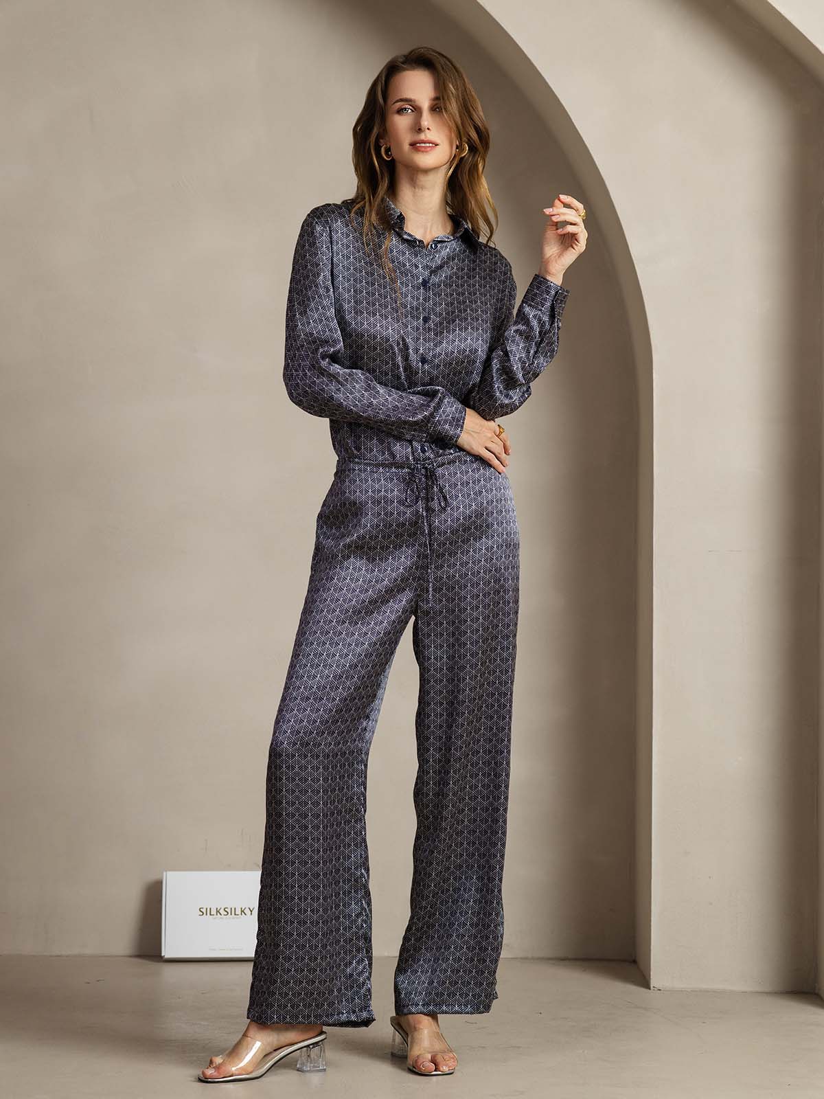 Pantalones De Mujer De Pierna Ancha De Seda 19Momme Azul Marino Con Estampado De Ginkgo Y Bolsillos Laterales - Image 3
