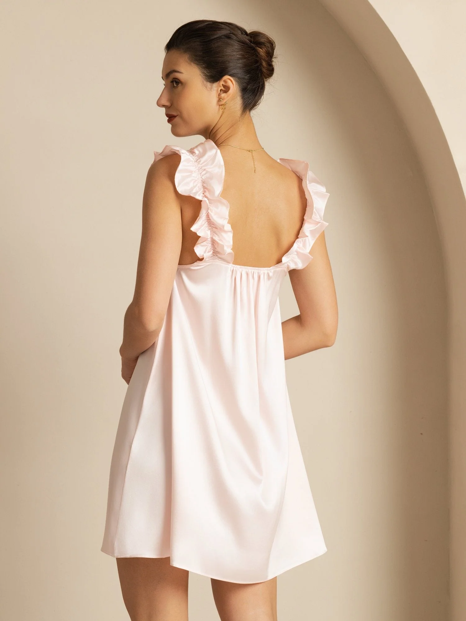 Camisón Corto Babydoll De Seda 19Momme Con Tirantes Con Volantes Escote Cuadrado Corte En A - Image 2