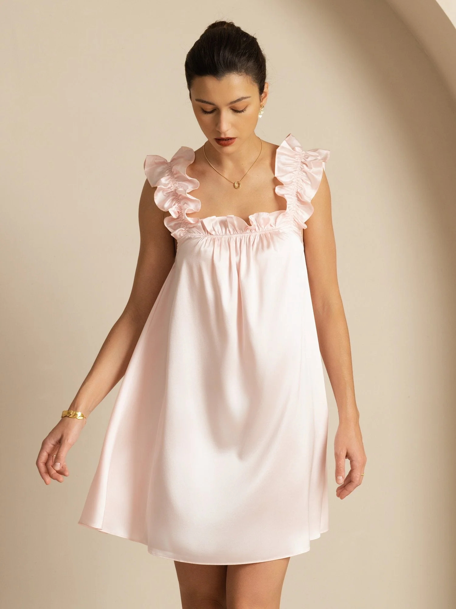 Camisón Corto Babydoll De Seda 19Momme Con Tirantes Con Volantes Escote Cuadrado Corte En A - Image 3