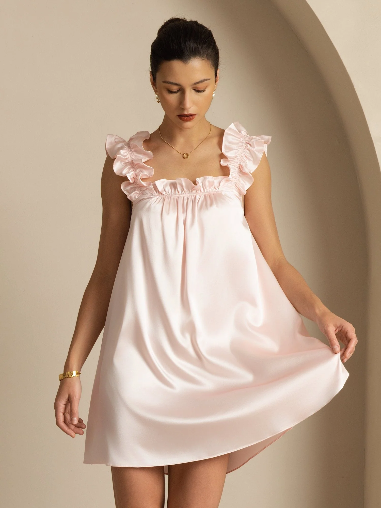 Camisón Corto Babydoll De Seda 19Momme Con Tirantes Con Volantes Escote Cuadrado Corte En A - Image 7
