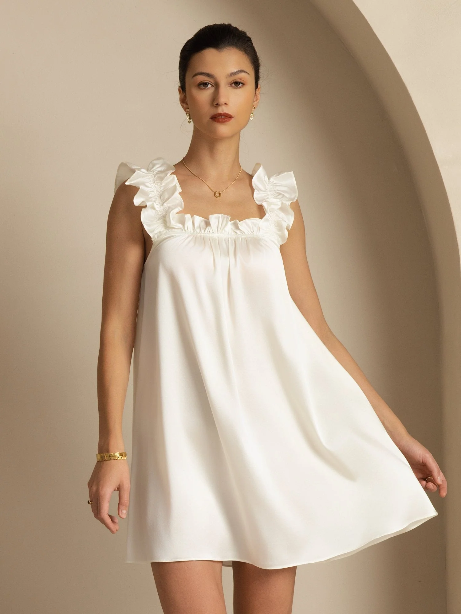 Camisón Corto Babydoll De Seda 19Momme Con Tirantes Con Volantes Escote Cuadrado Corte En A - Image 9