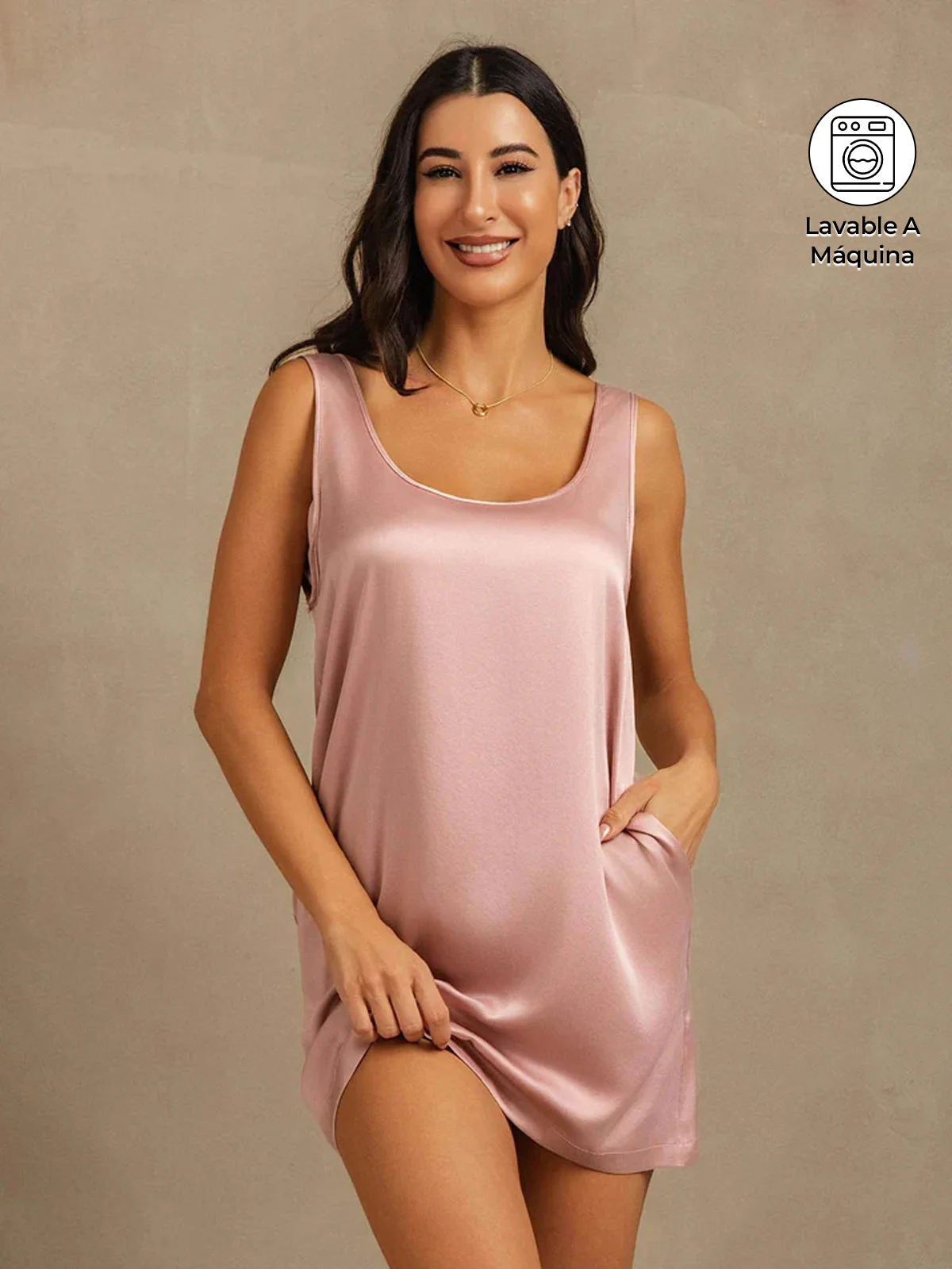 Camisón Corto Sin Mangas De Seda Lavable 19Momme Escote En U Con Bolsillo Lateral - Image 25
