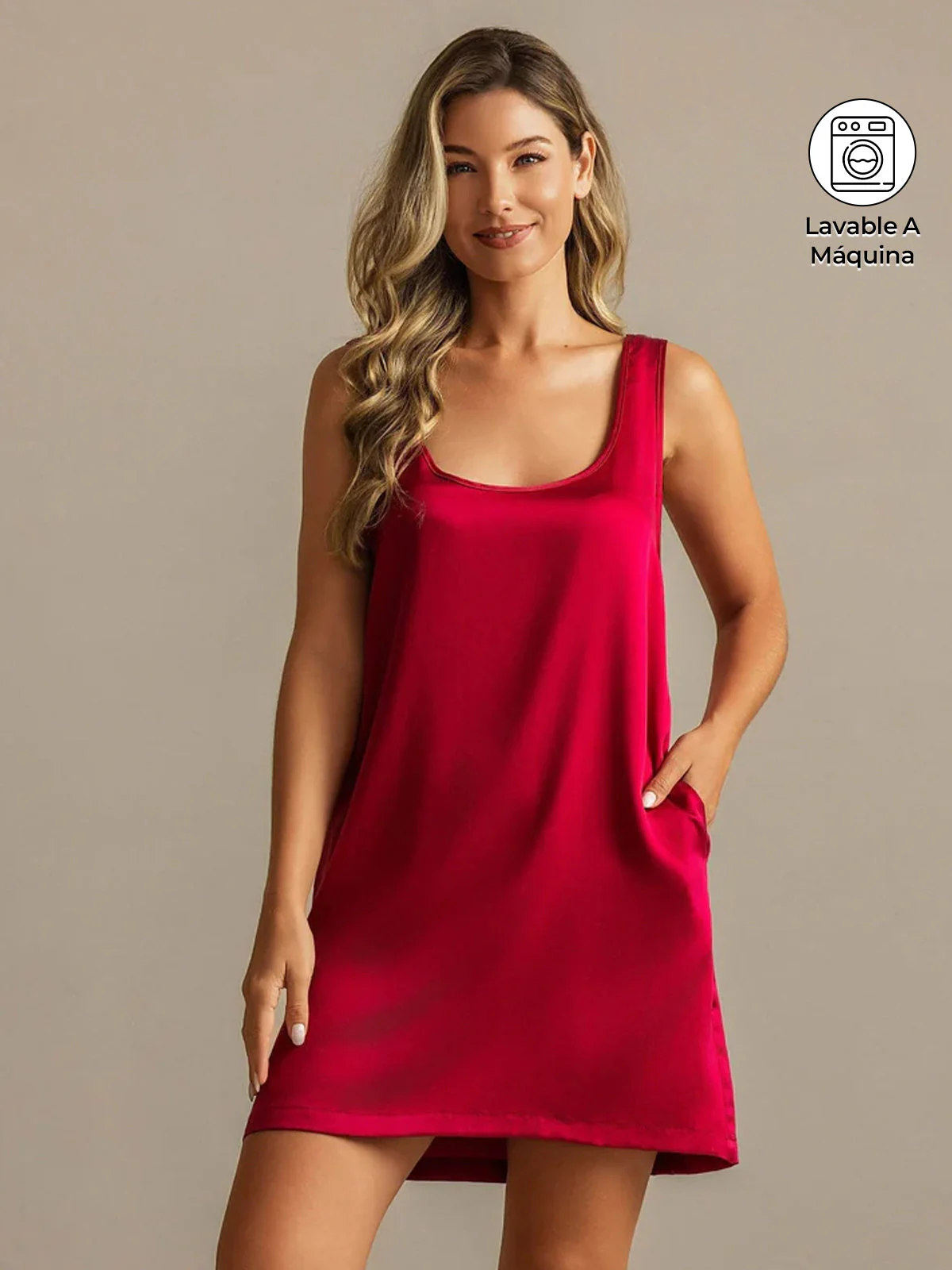 Camisón Corto Sin Mangas De Seda Lavable 19Momme Escote En U Con Bolsillo Lateral - Image 9