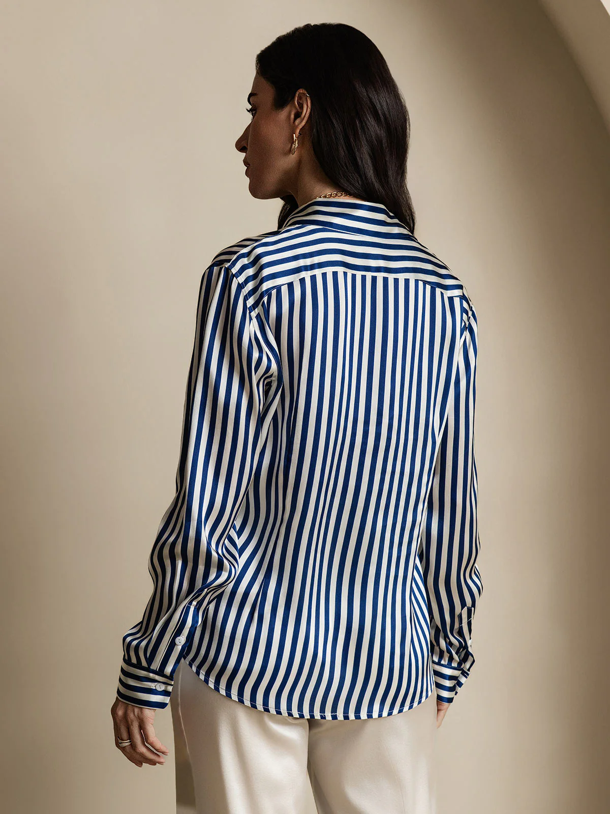 Camisa De Mujer De Seda 19 Momme Con Estampado De Rayas Y Cuello De Solapa - Image 10