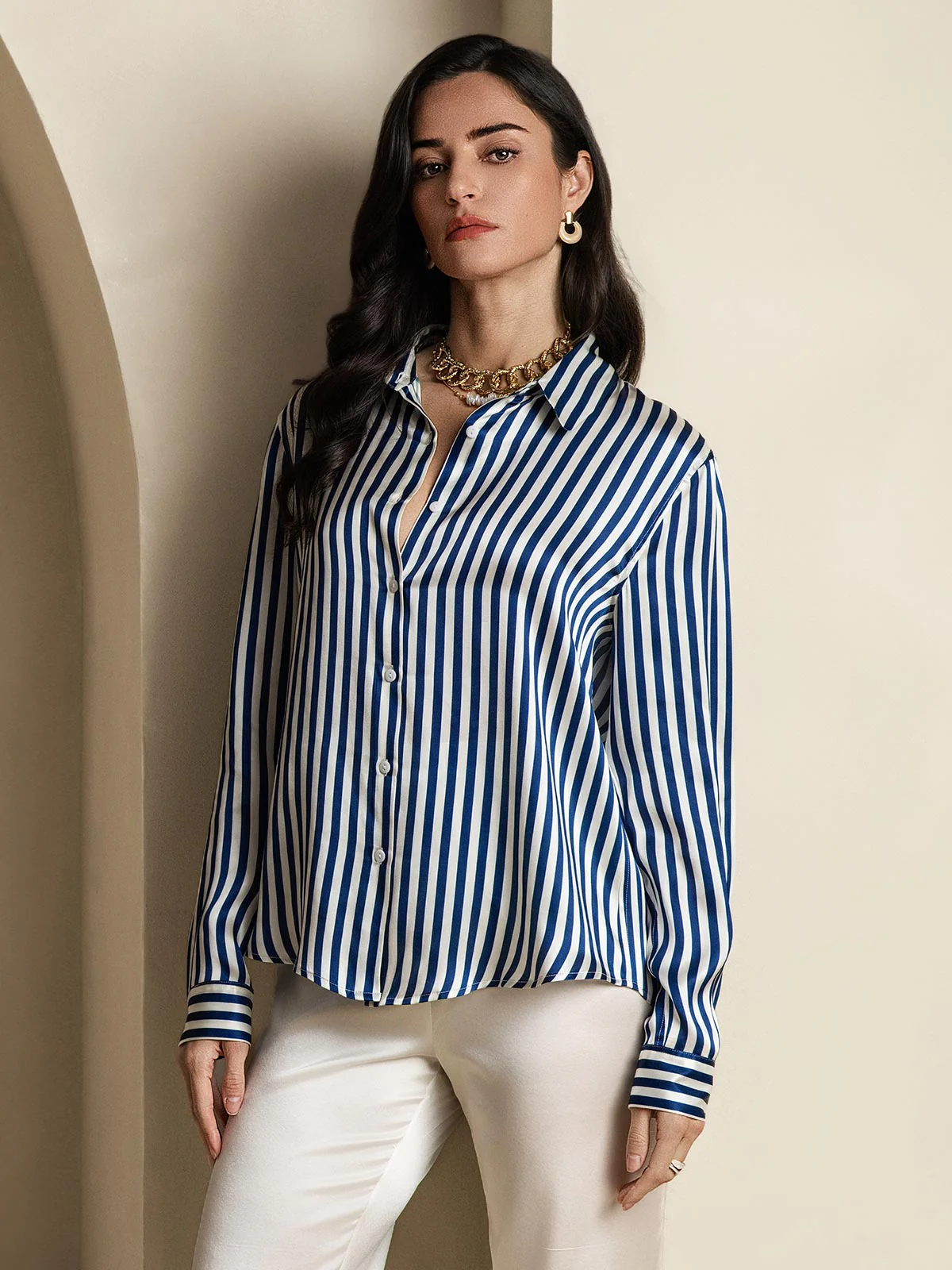 Camisa De Mujer De Seda 19 Momme Con Estampado De Rayas Y Cuello De Solapa - Image 12