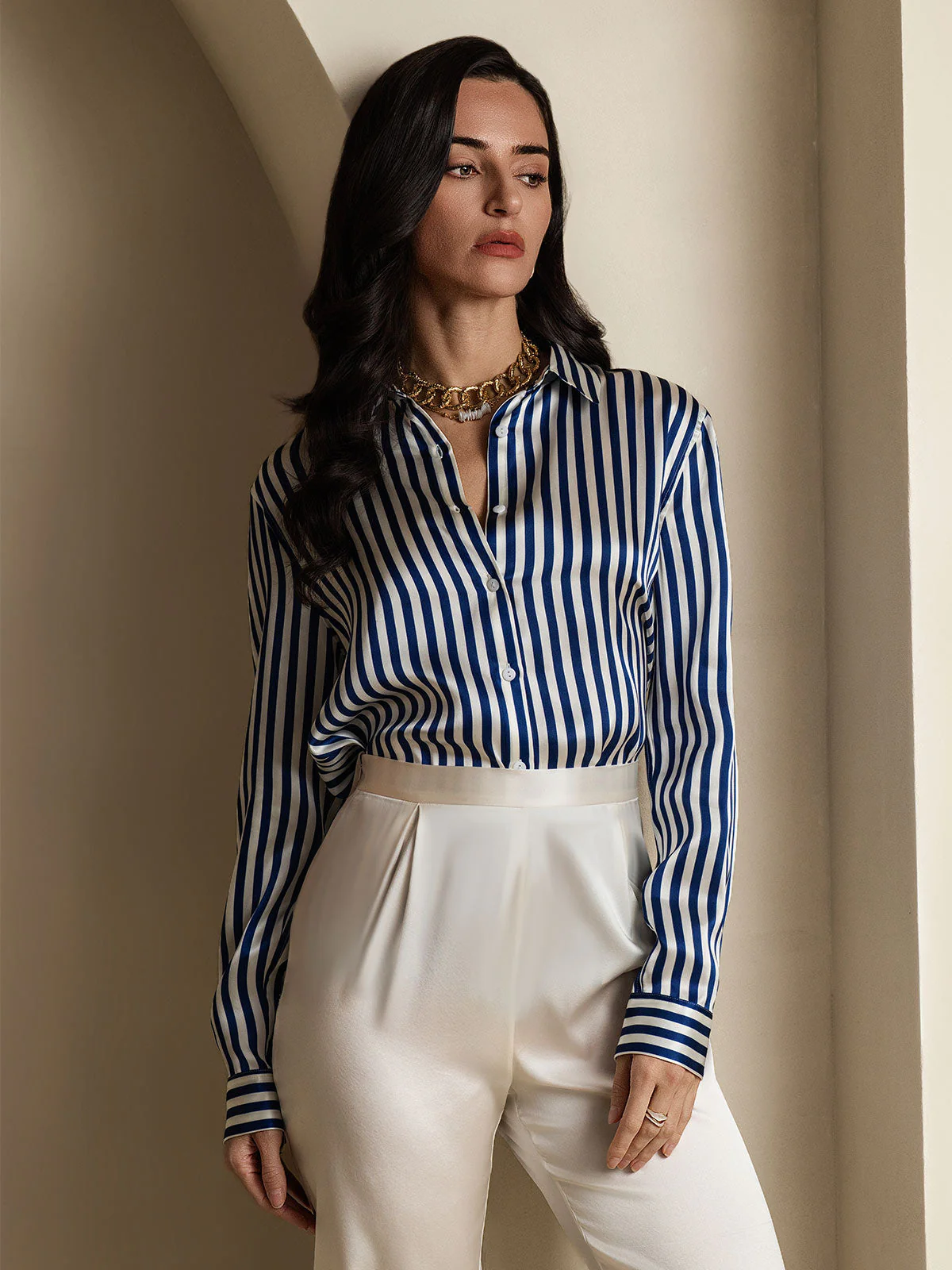 Camisa De Mujer De Seda 19 Momme Con Estampado De Rayas Y Cuello De Solapa - Image 13