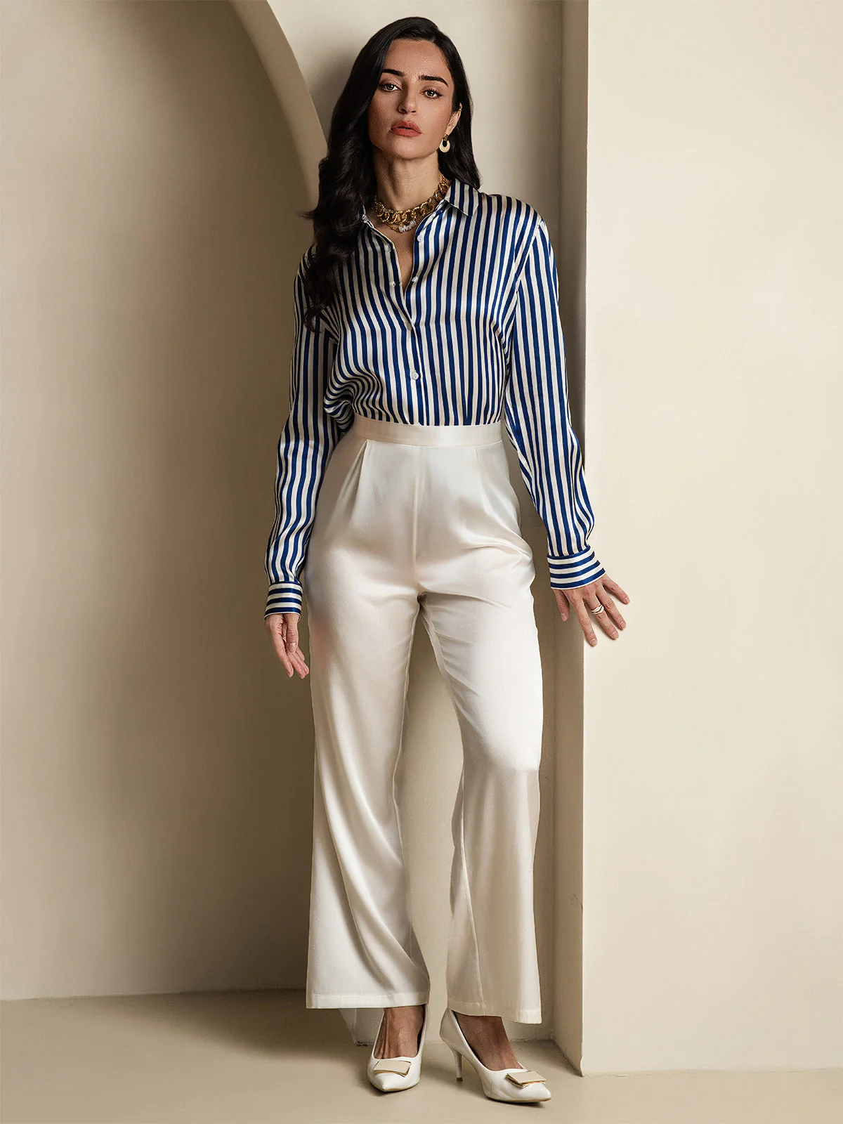 Camisa De Mujer De Seda 19 Momme Con Estampado De Rayas Y Cuello De Solapa - Image 15