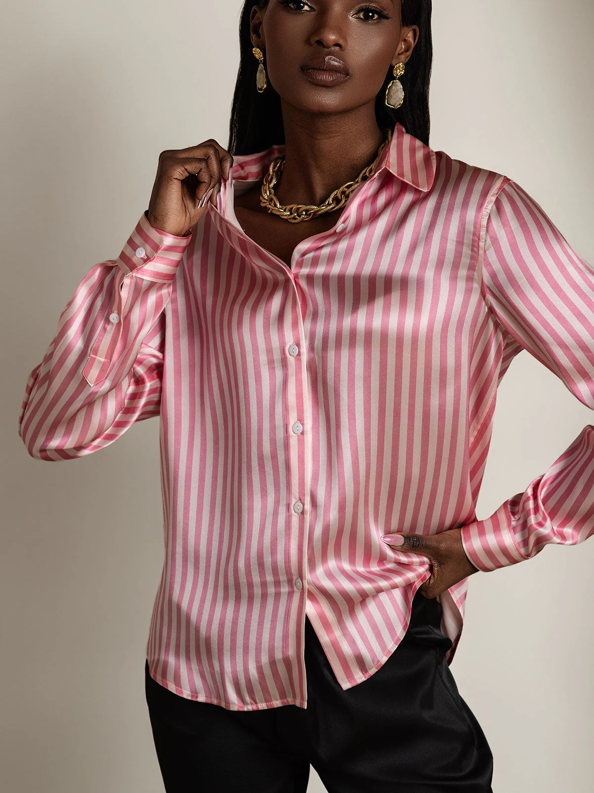Camisa De Mujer De Seda 19 Momme Con Estampado De Rayas Y Cuello De Solapa - Image 3