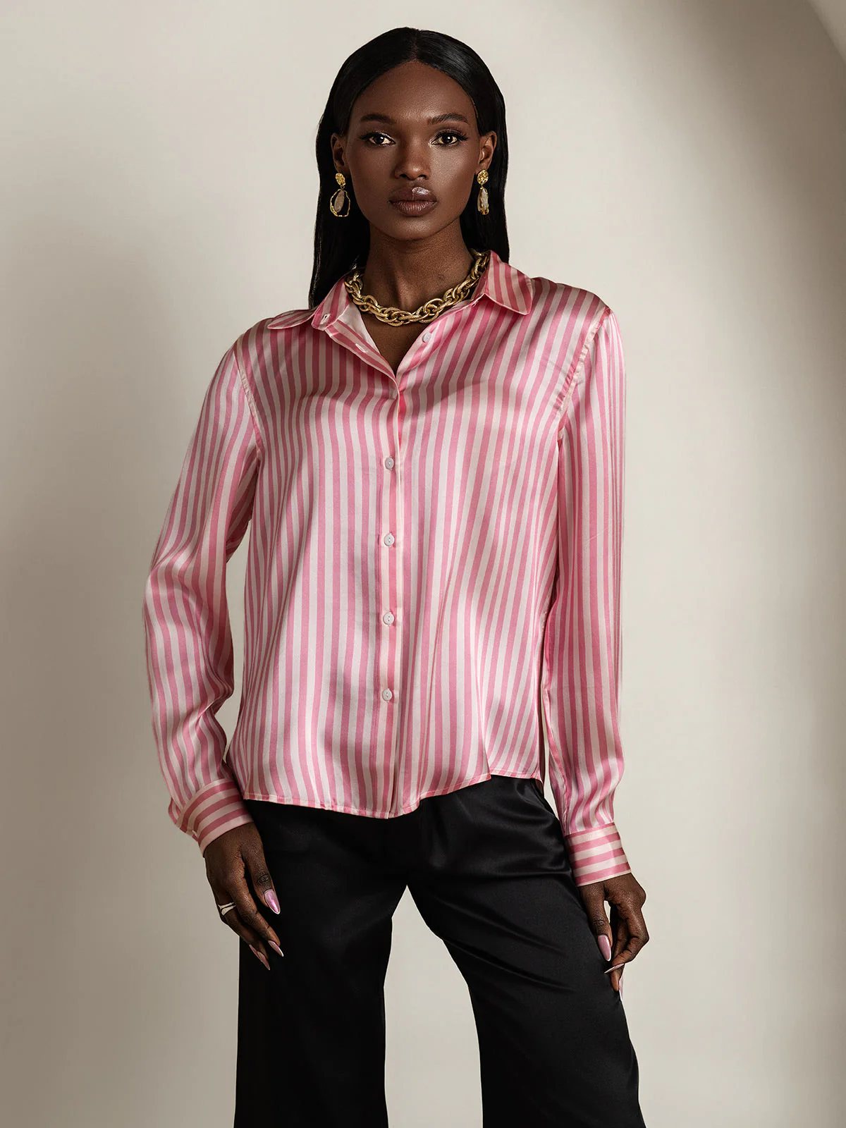 Camisa De Mujer De Seda 19 Momme Con Estampado De Rayas Y Cuello De Solapa - Image 4