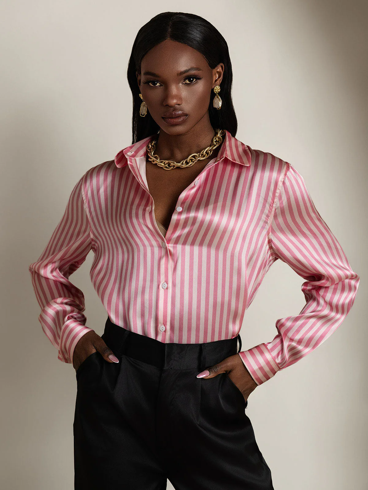 Camisa De Mujer De Seda 19 Momme Con Estampado De Rayas Y Cuello De Solapa - Image 5