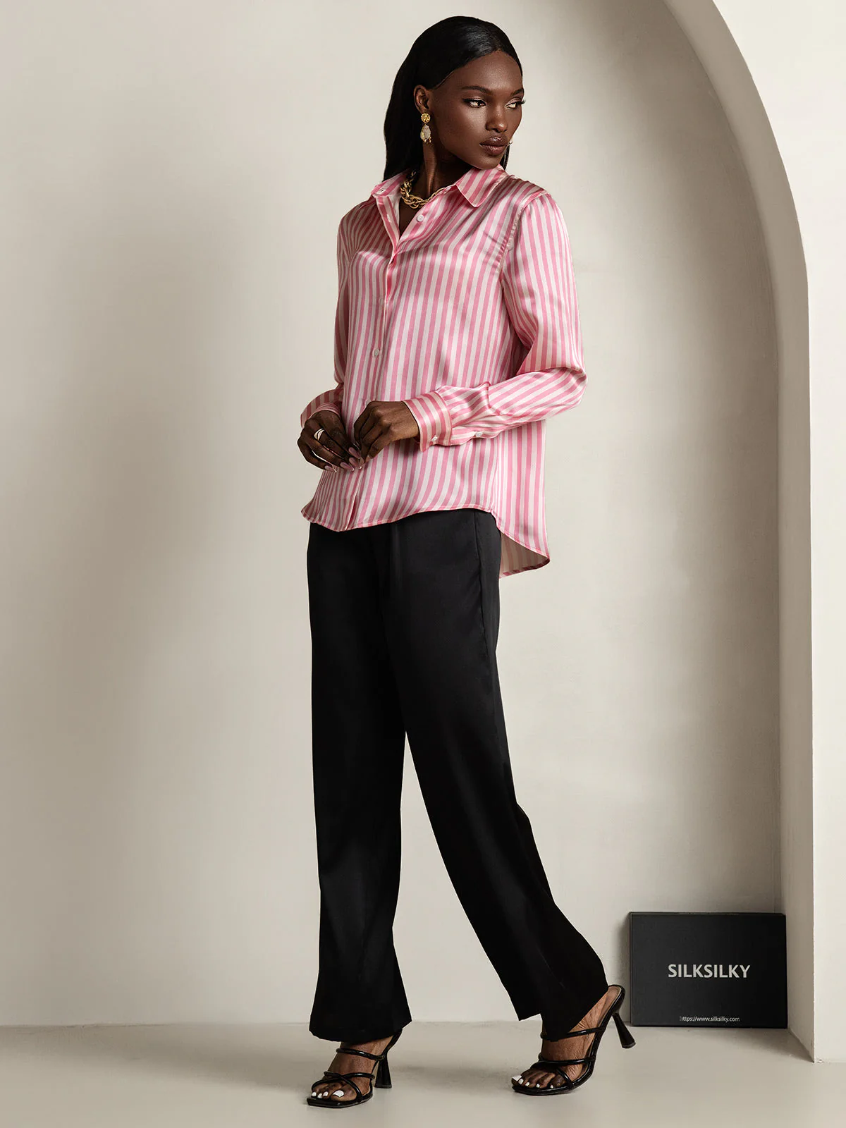 Camisa De Mujer De Seda 19 Momme Con Estampado De Rayas Y Cuello De Solapa - Image 7