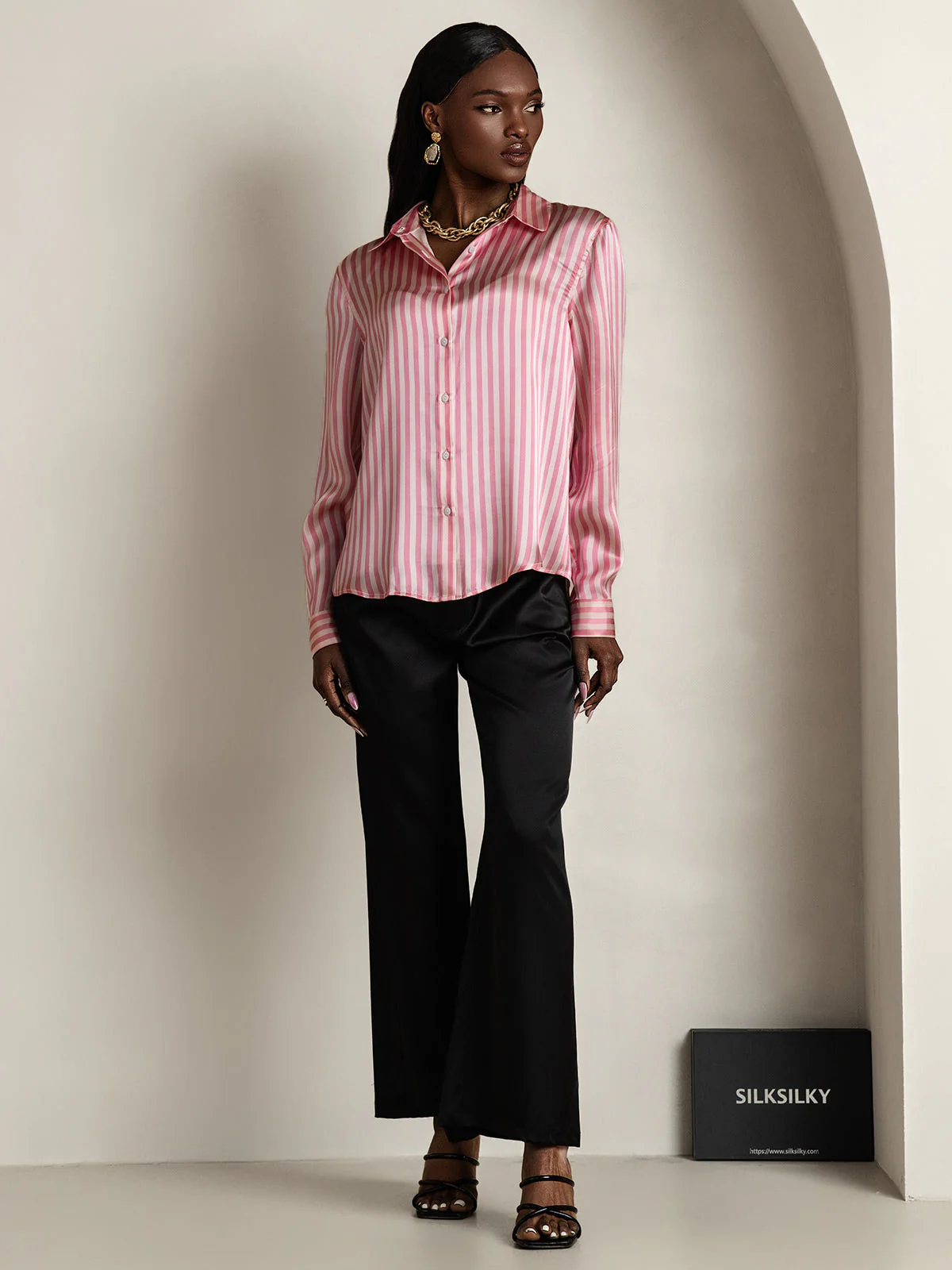 Camisa De Mujer De Seda 19 Momme Con Estampado De Rayas Y Cuello De Solapa - Image 8
