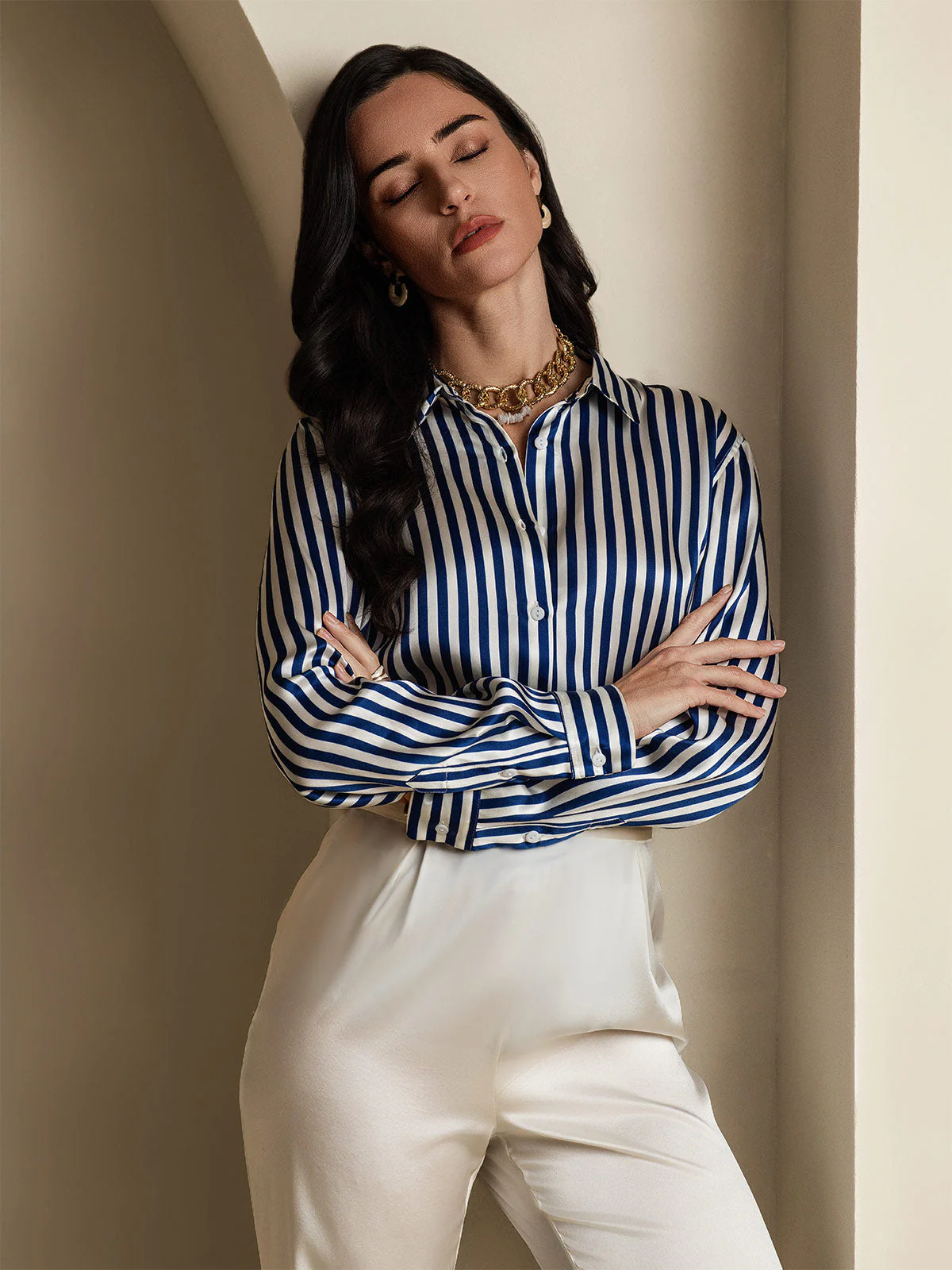 Camisa De Mujer De Seda 19 Momme Con Estampado De Rayas Y Cuello De Solapa - Image 9