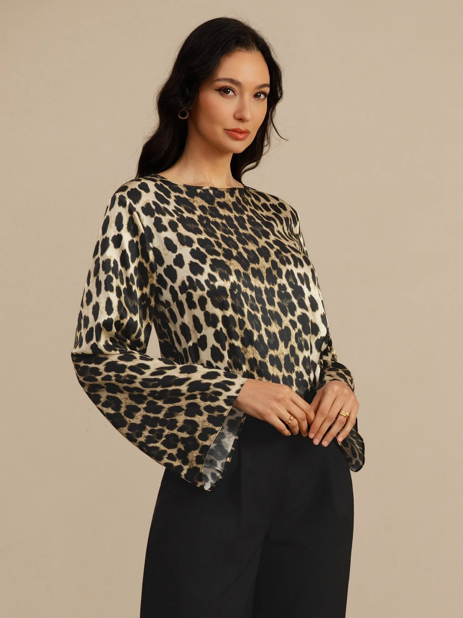 19Momme Seda Mujer Estampado Leopardo Cuello Barco Manga Larga Blusa - Image 3
