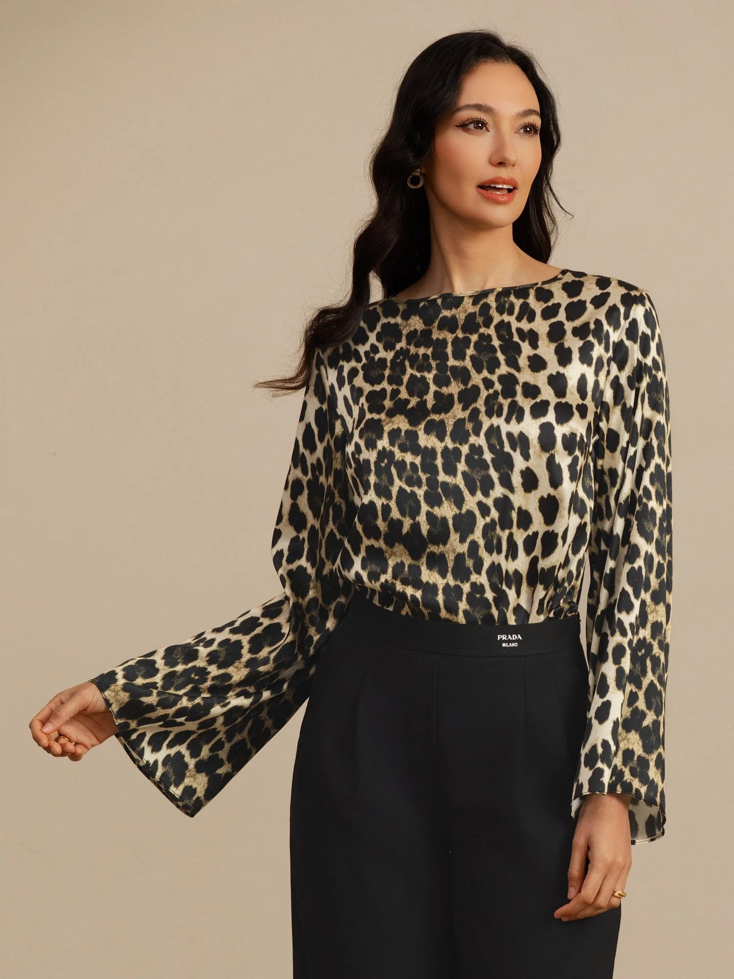 19Momme Seda Mujer Estampado Leopardo Cuello Barco Manga Larga Blusa - Image 4