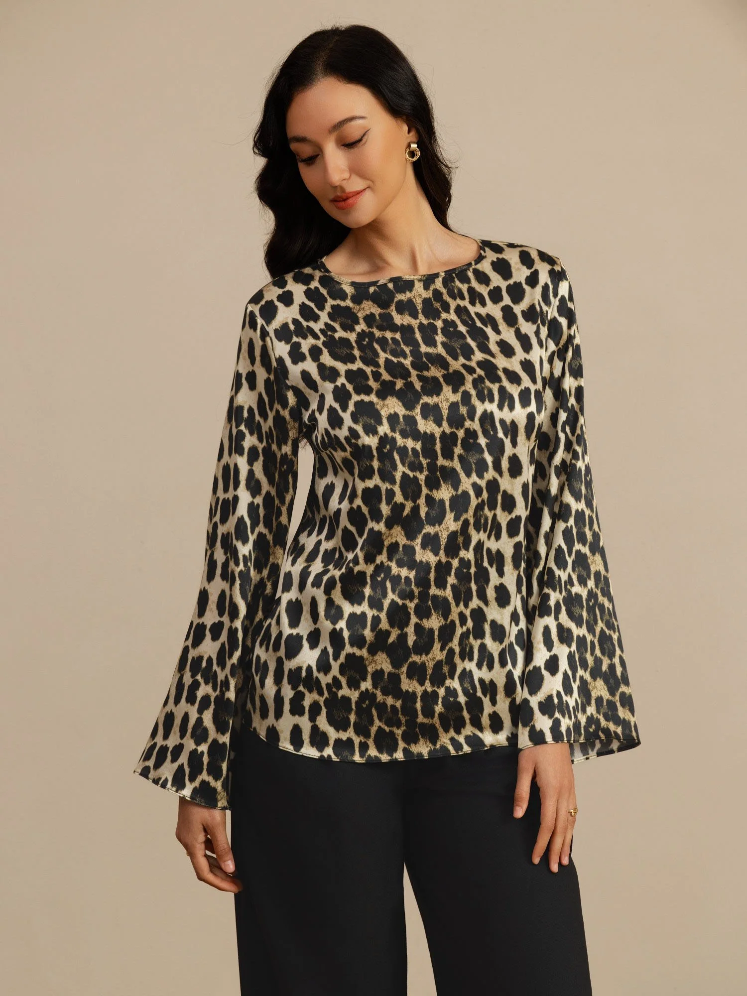 19Momme Seda Mujer Estampado Leopardo Cuello Barco Manga Larga Blusa - Image 5