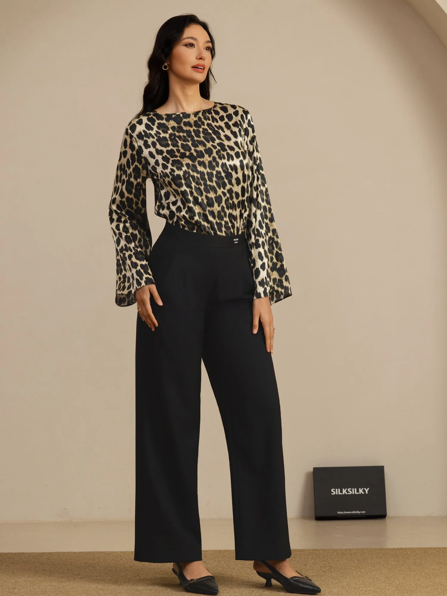 19Momme Seda Mujer Estampado Leopardo Cuello Barco Manga Larga Blusa - Image 7