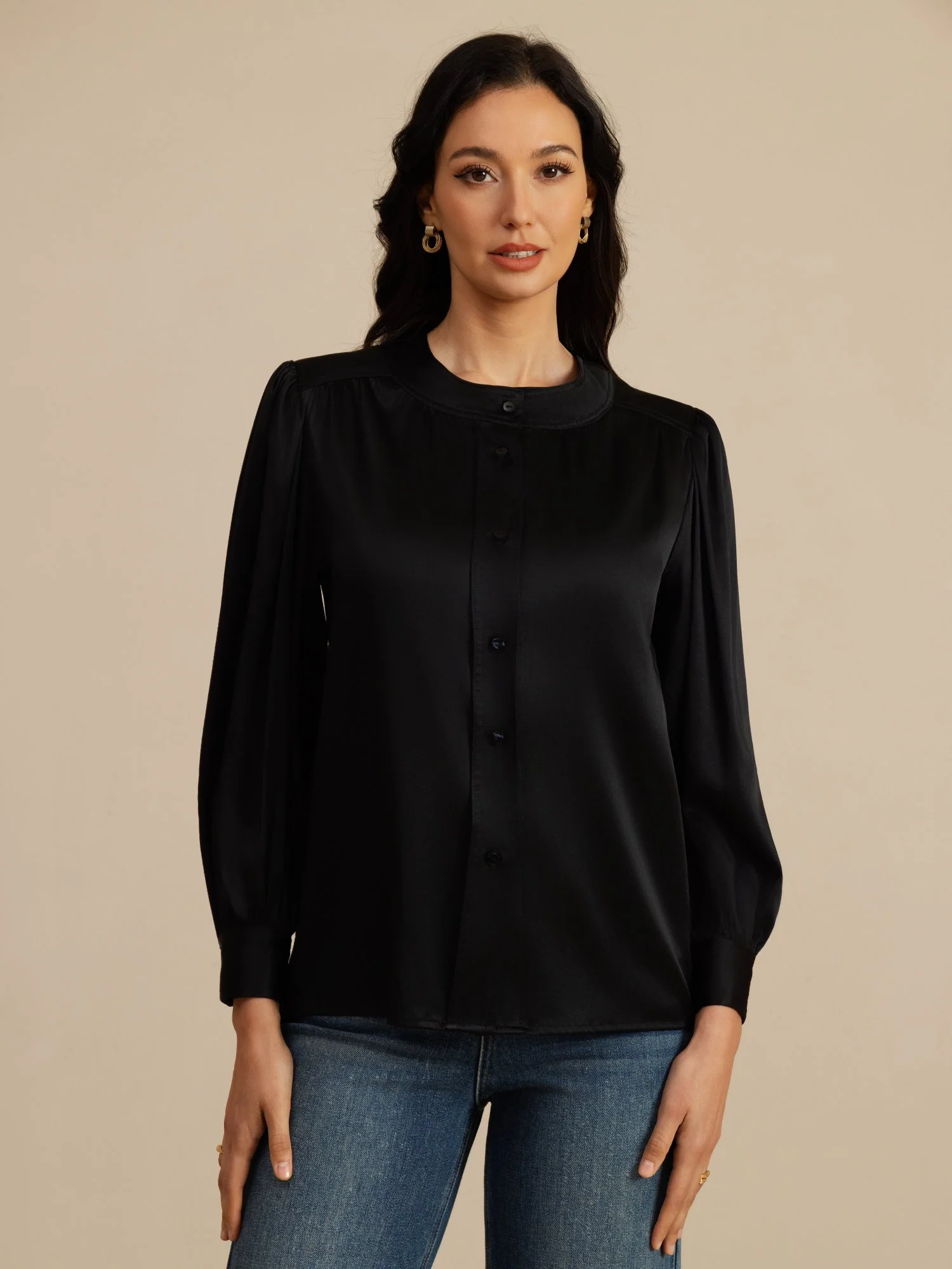19 Momme Seda Mujer Cuello Redondo Manga Linterna Blusa Con Cierre De Botón - Image 10