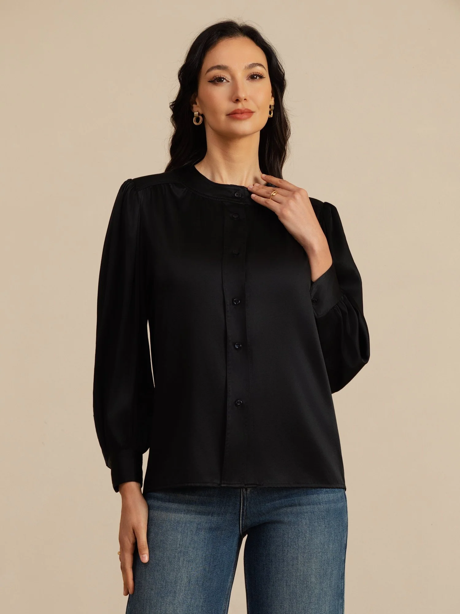 19 Momme Seda Mujer Cuello Redondo Manga Linterna Blusa Con Cierre De Botón - Image 11