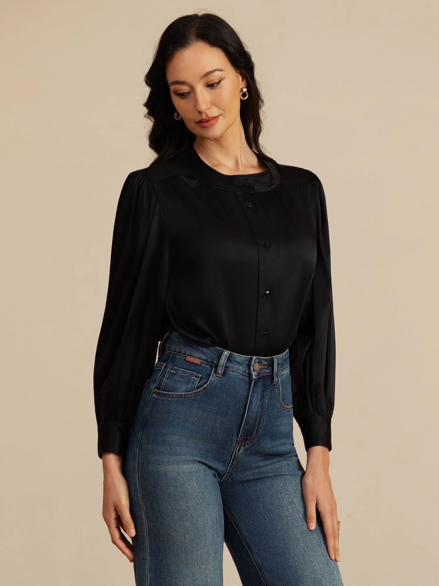 19 Momme Seda Mujer Cuello Redondo Manga Linterna Blusa Con Cierre De Botón - Image 8
