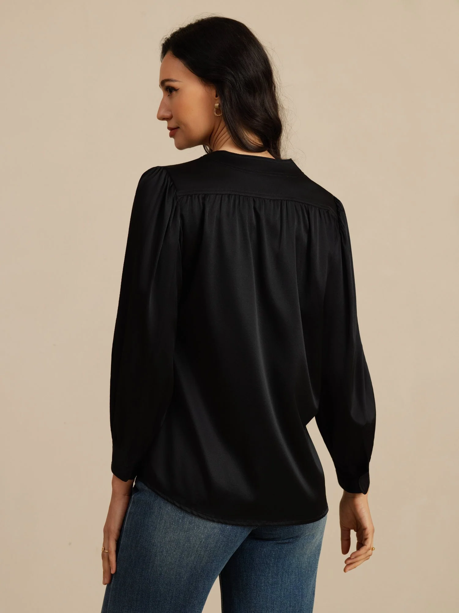 19 Momme Seda Mujer Cuello Redondo Manga Linterna Blusa Con Cierre De Botón - Image 9
