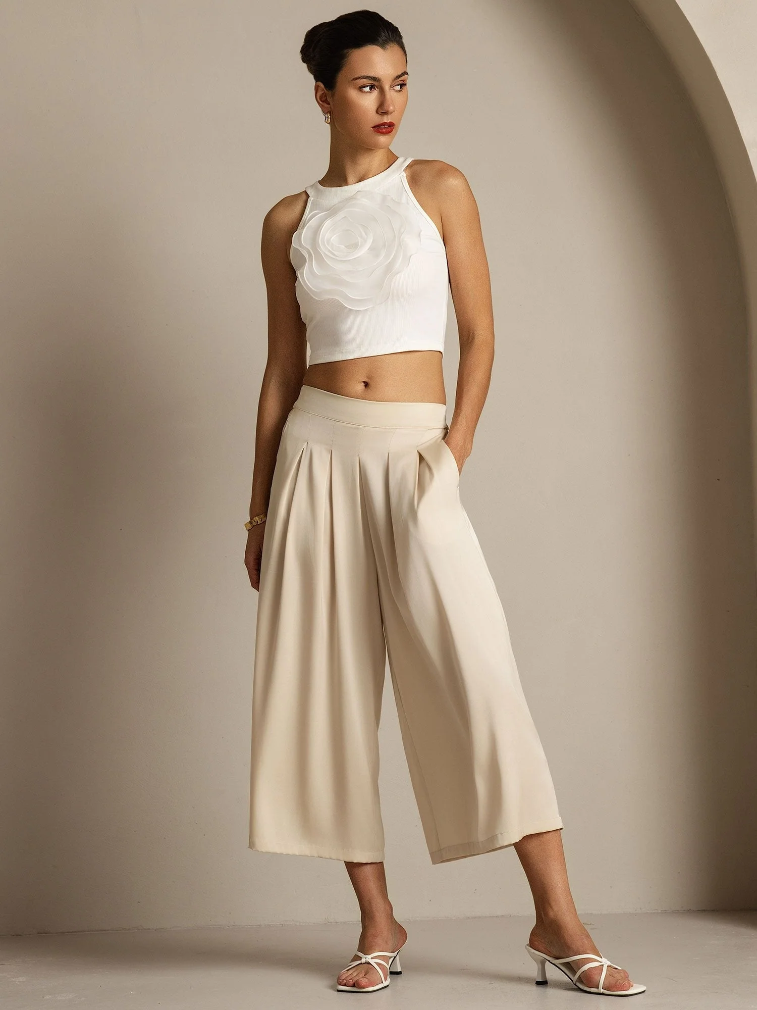 Pantalón Capri Mujer Seda 19Momme Cintura Alta Plisado Pierna Ancha - Image 14