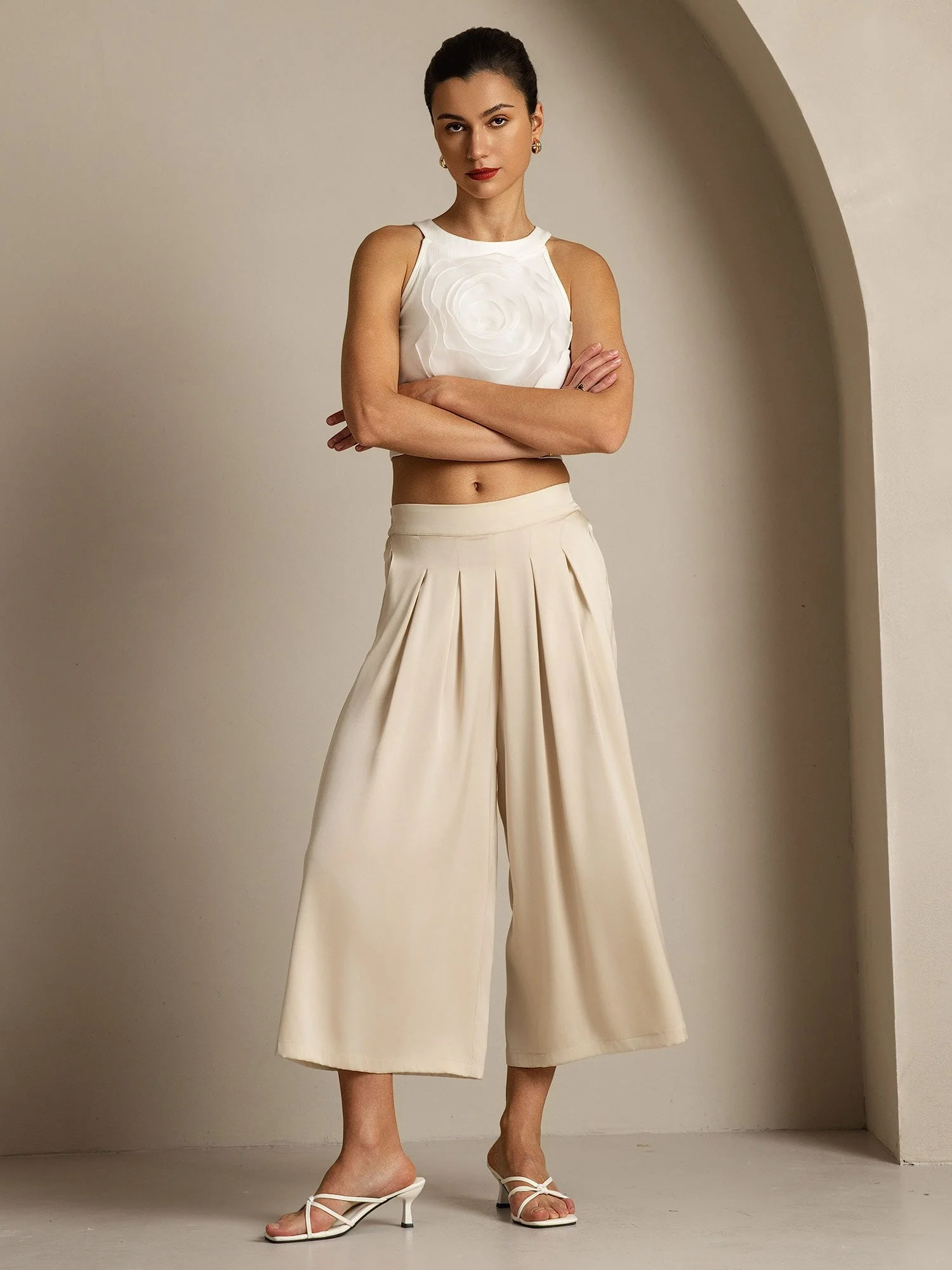Pantalón Capri Mujer Seda 19Momme Cintura Alta Plisado Pierna Ancha - Image 15