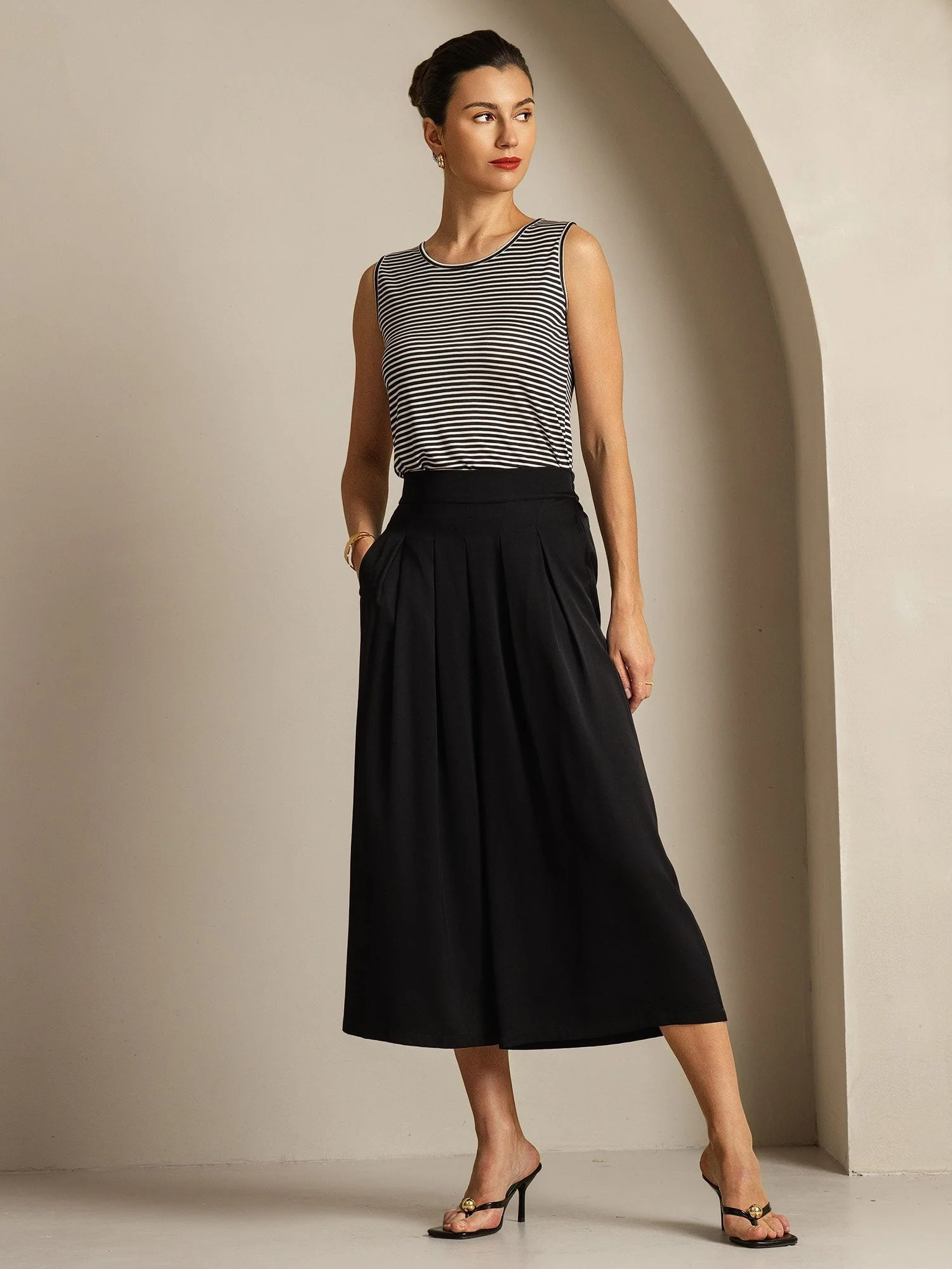 Pantalón Capri Mujer Seda 19Momme Cintura Alta Plisado Pierna Ancha - Image 3