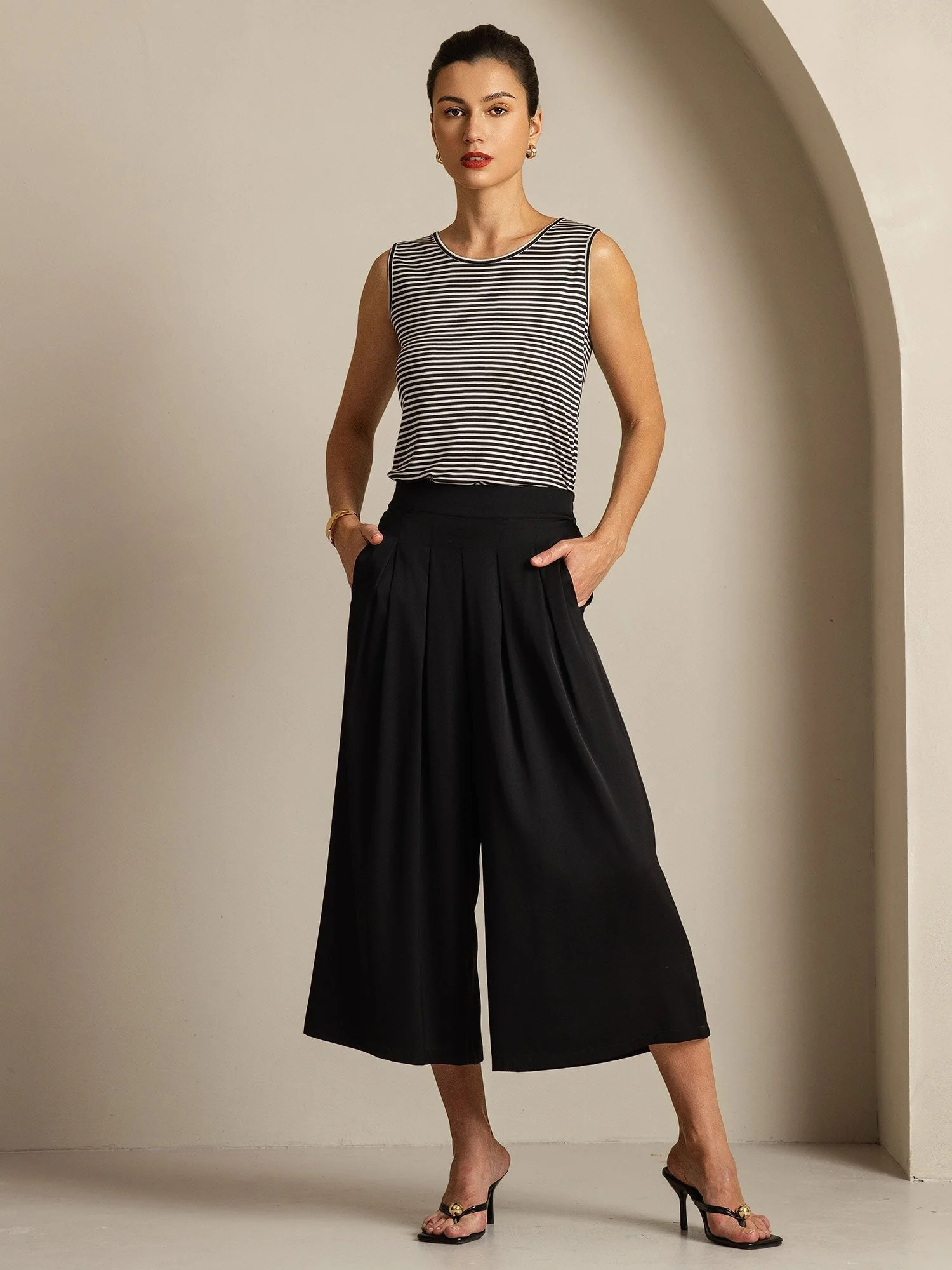 Pantalón Capri Mujer Seda 19Momme Cintura Alta Plisado Pierna Ancha - Image 7