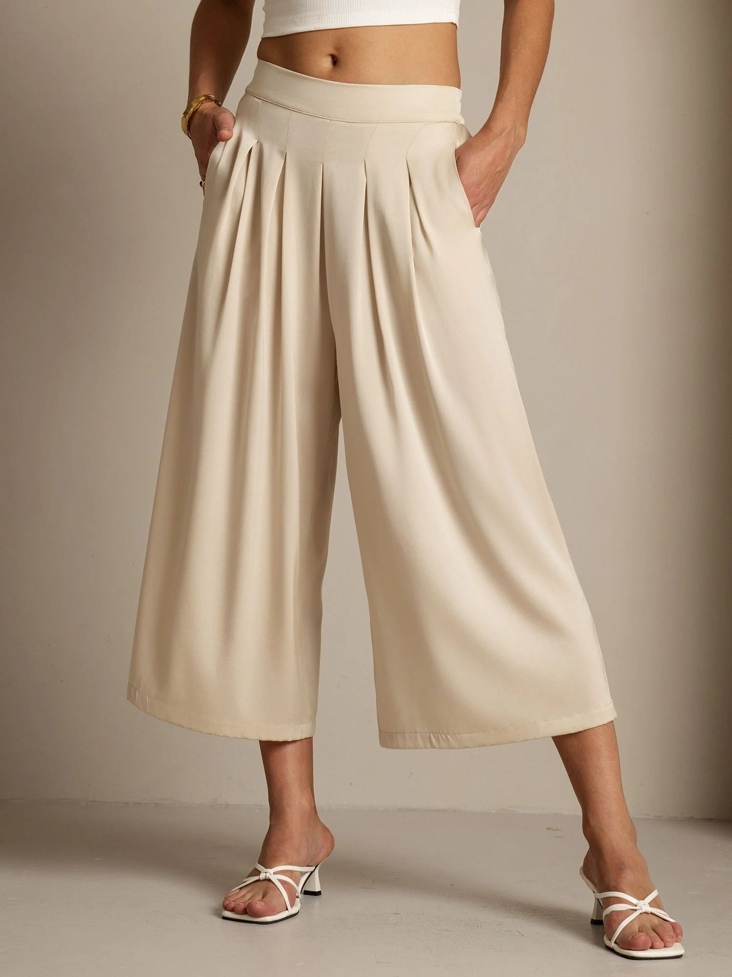 Pantalón Capri Mujer Seda 19Momme Cintura Alta Plisado Pierna Ancha - Image 8