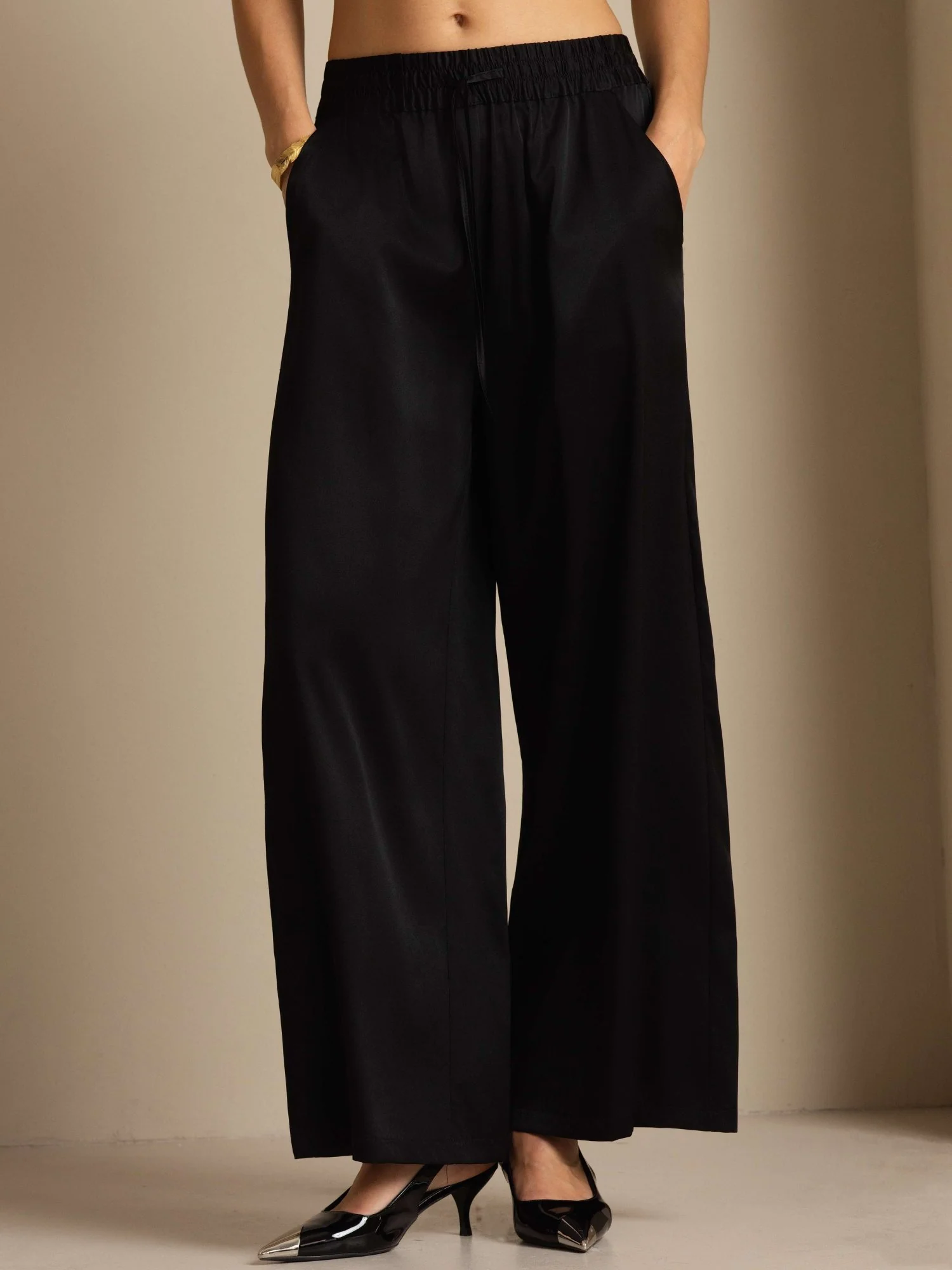 Pantalones Mujer de Cintura Alta Pierna Ancha en Seda 19Momme con Cintura Fruncida con Cordón - Image 12