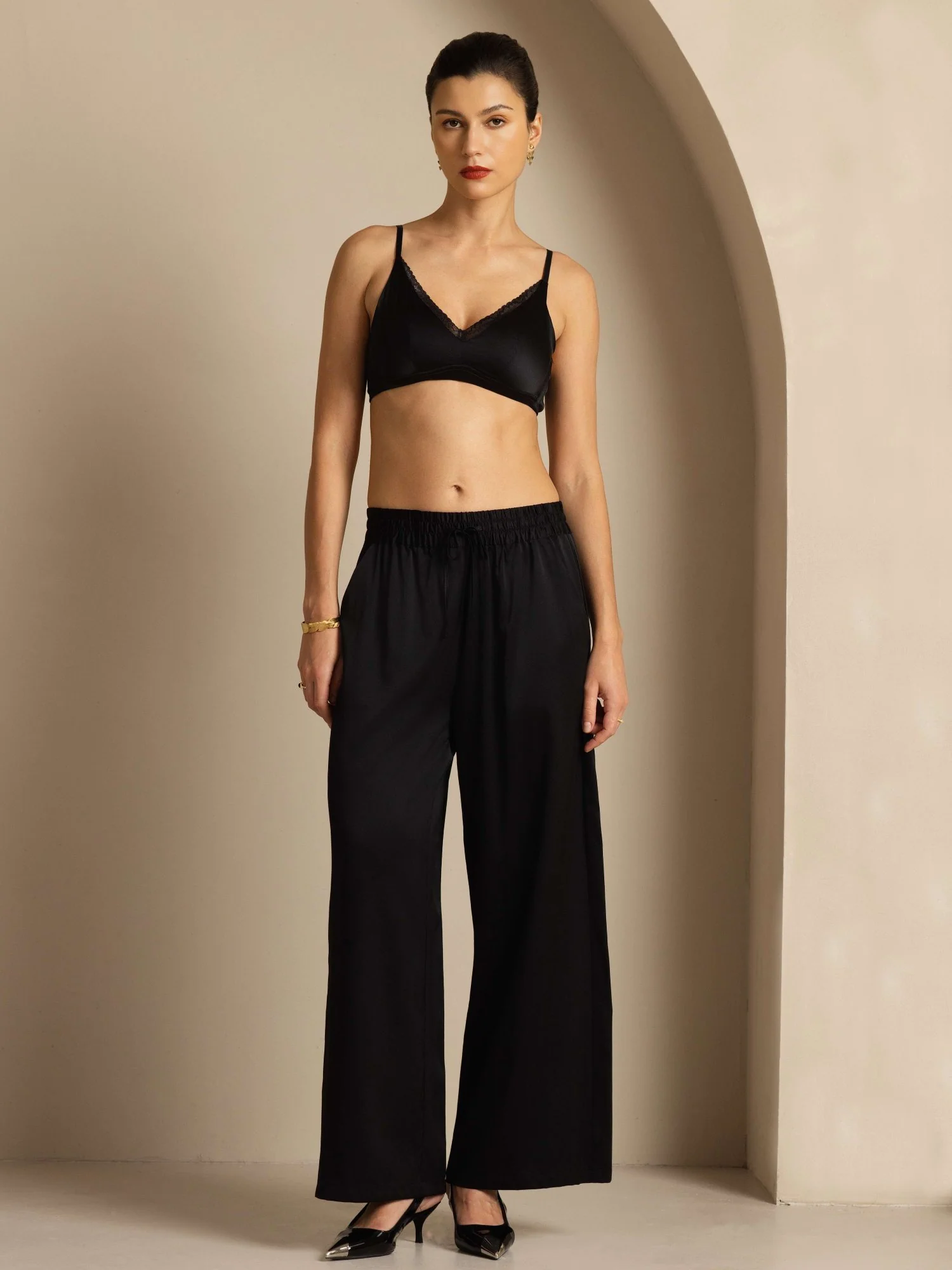 Pantalones Mujer de Cintura Alta Pierna Ancha en Seda 19Momme con Cintura Fruncida con Cordón - Image 14