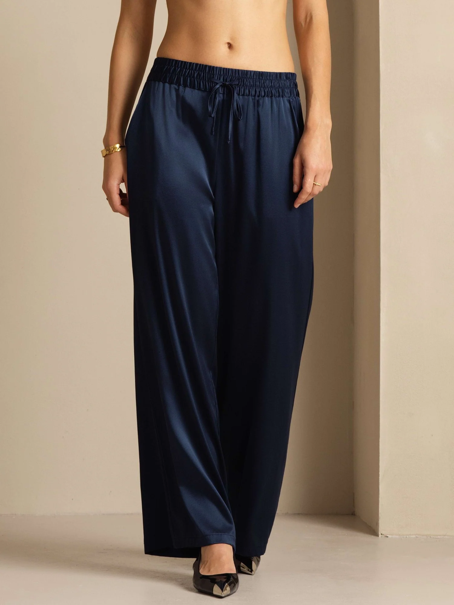 Pantalones Mujer de Cintura Alta Pierna Ancha en Seda 19Momme con Cintura Fruncida con Cordón - Image 17