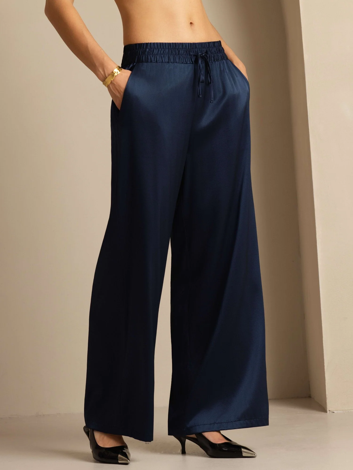Pantalones Mujer de Cintura Alta Pierna Ancha en Seda 19Momme con Cintura Fruncida con Cordón - Image 18