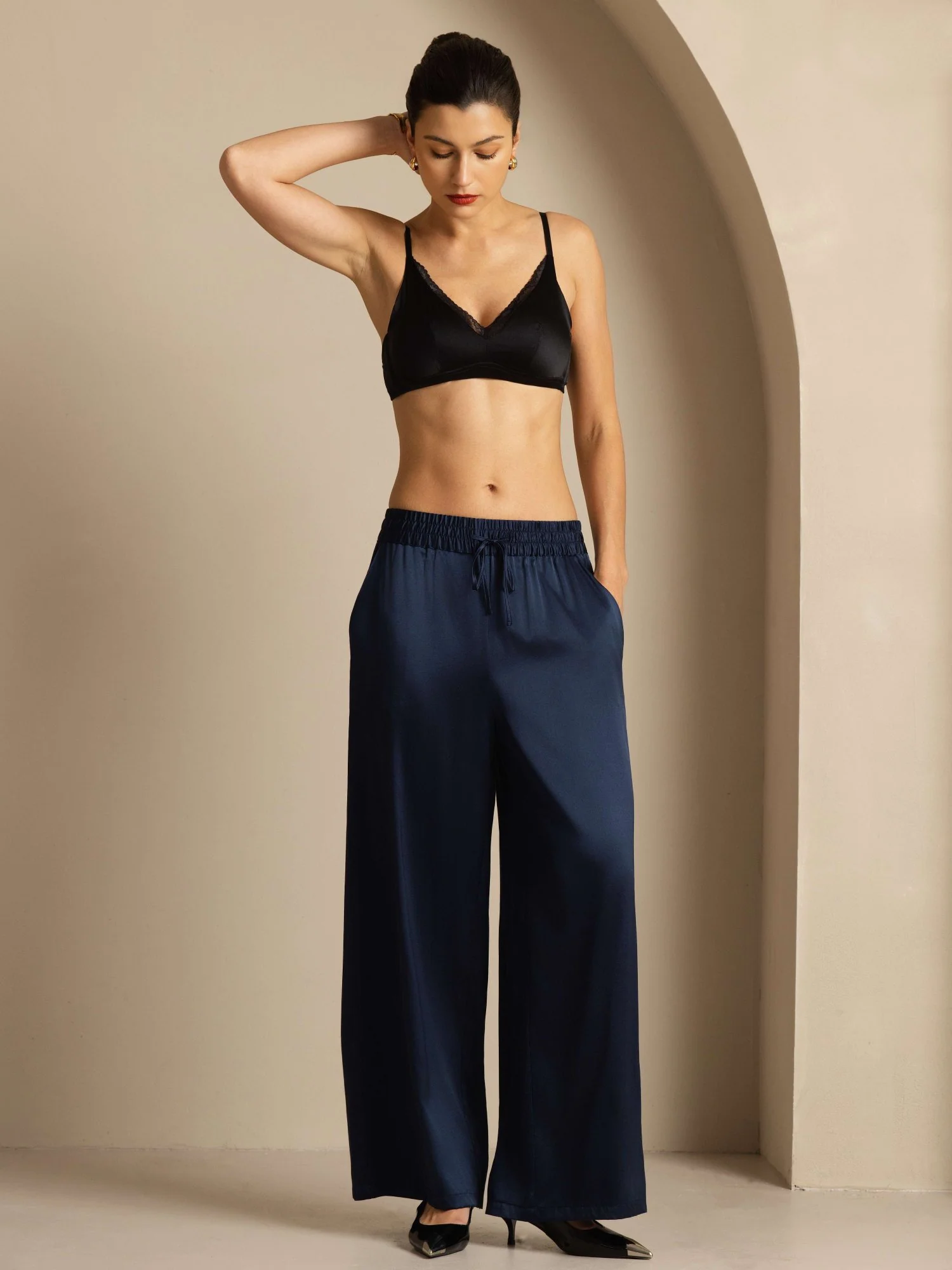 Pantalones Mujer de Cintura Alta Pierna Ancha en Seda 19Momme con Cintura Fruncida con Cordón - Image 21