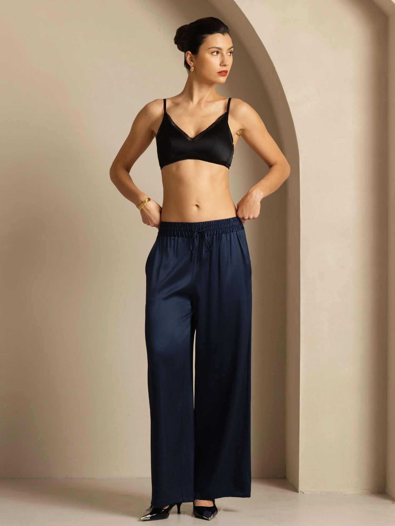 Pantalones Mujer de Cintura Alta Pierna Ancha en Seda 19Momme con Cintura Fruncida con Cordón - Image 22