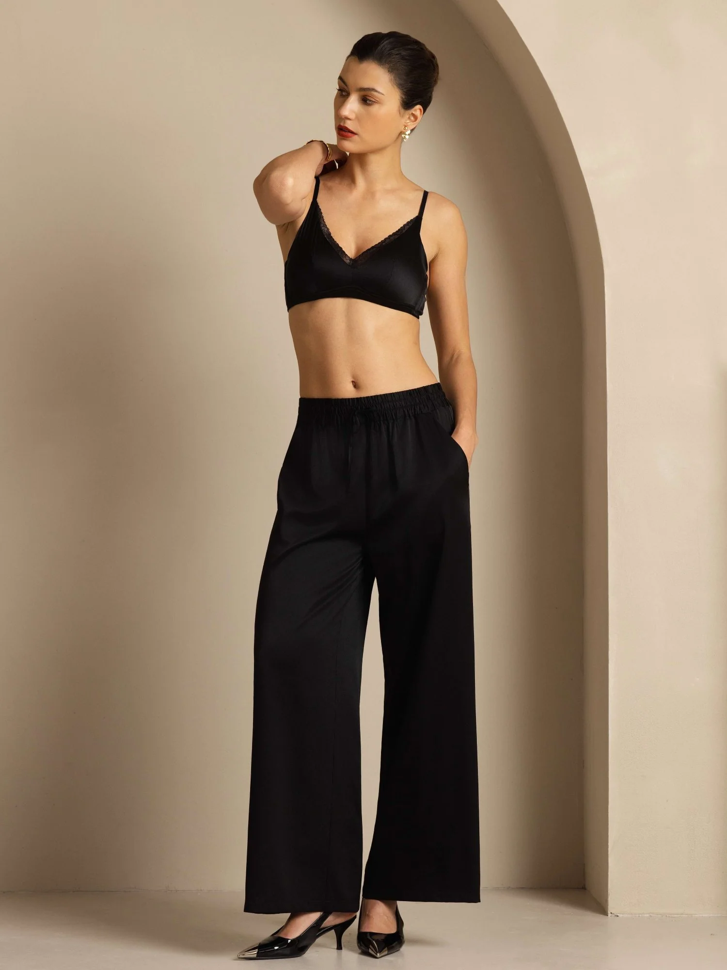 Pantalones Mujer de Cintura Alta Pierna Ancha en Seda 19Momme con Cintura Fruncida con Cordón - Image 8