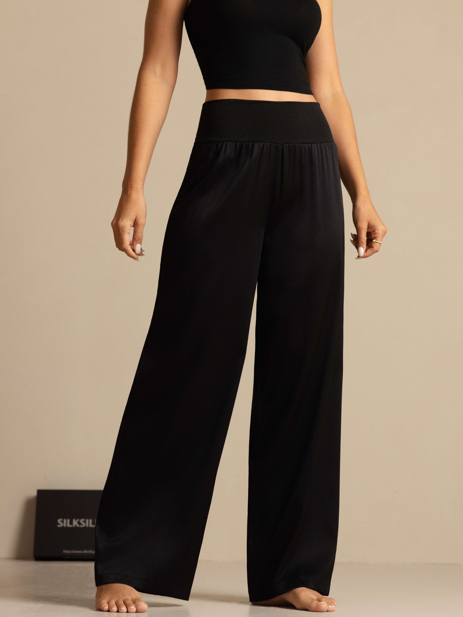 Pantalones de pierna ancha de talle alto para mujer en seda 19Momme con cinturilla elástica ancha - Image 3