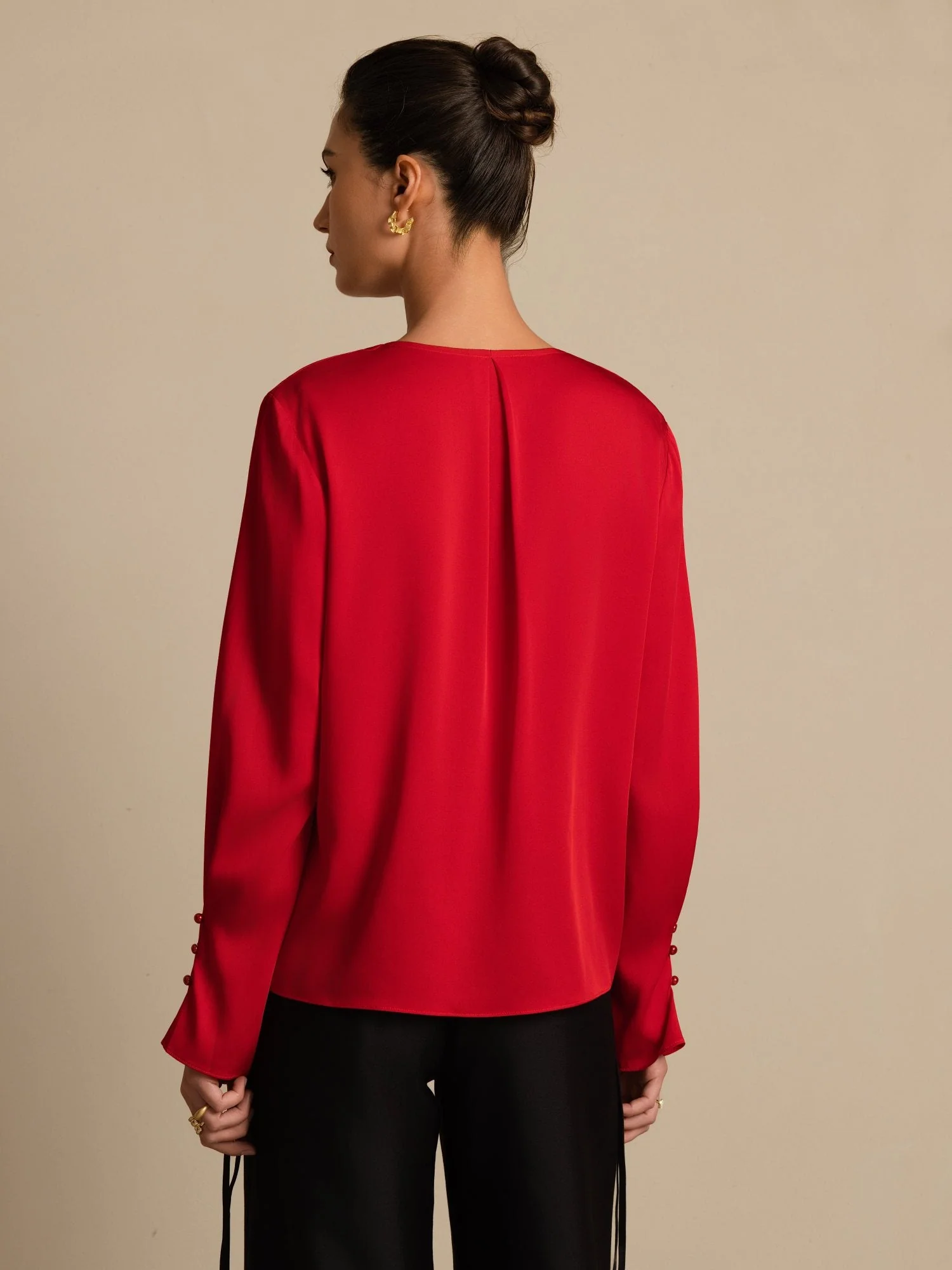 Blusa De Seda Para Mujer 19Momme Con Cuello En V De Manga Larga Con Detalle De Rosa 3D - Image 18