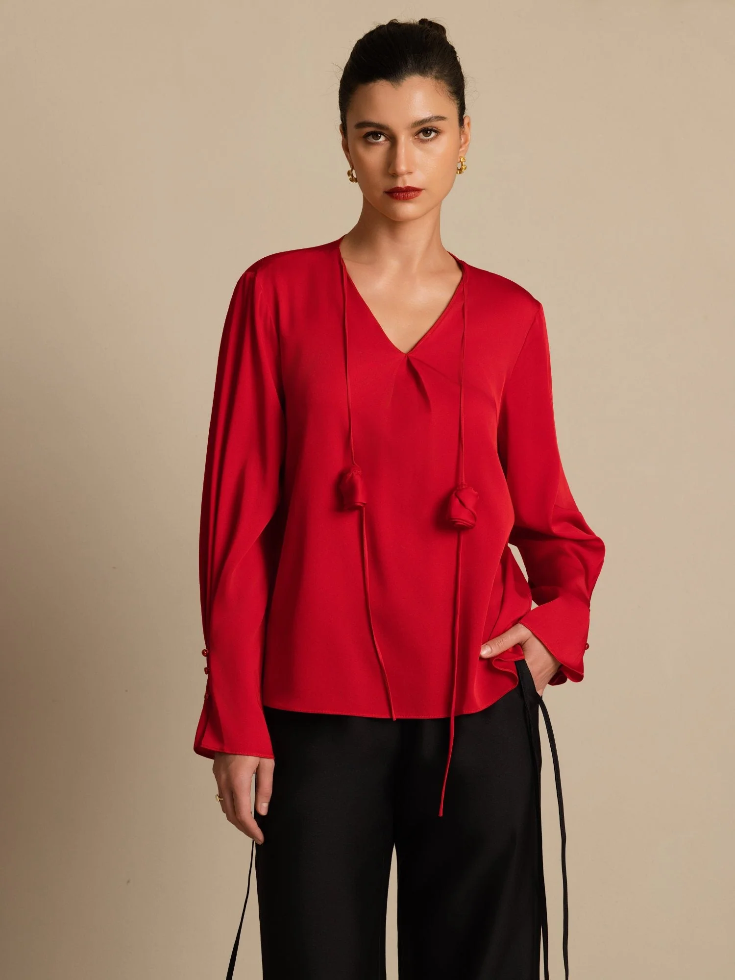Blusa De Seda Para Mujer 19Momme Con Cuello En V De Manga Larga Con Detalle De Rosa 3D - Image 19