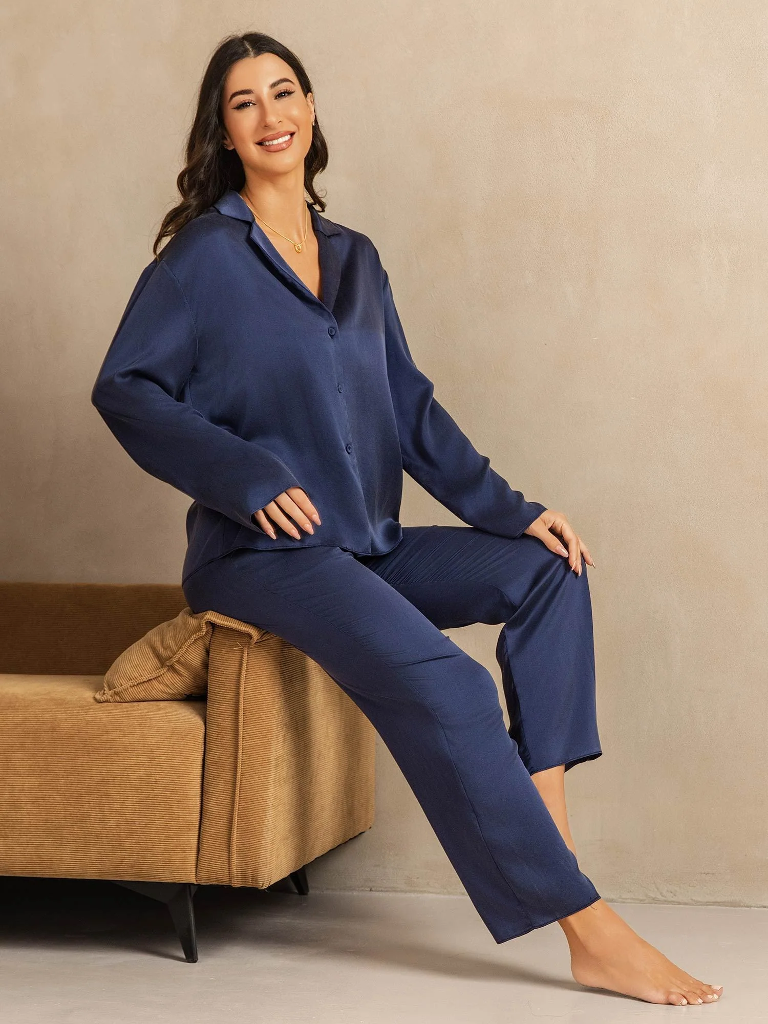 19Momme Seda Lavable Manga Larga Cuello Notch Conjunto de Pijama para Mujer - Image 16
