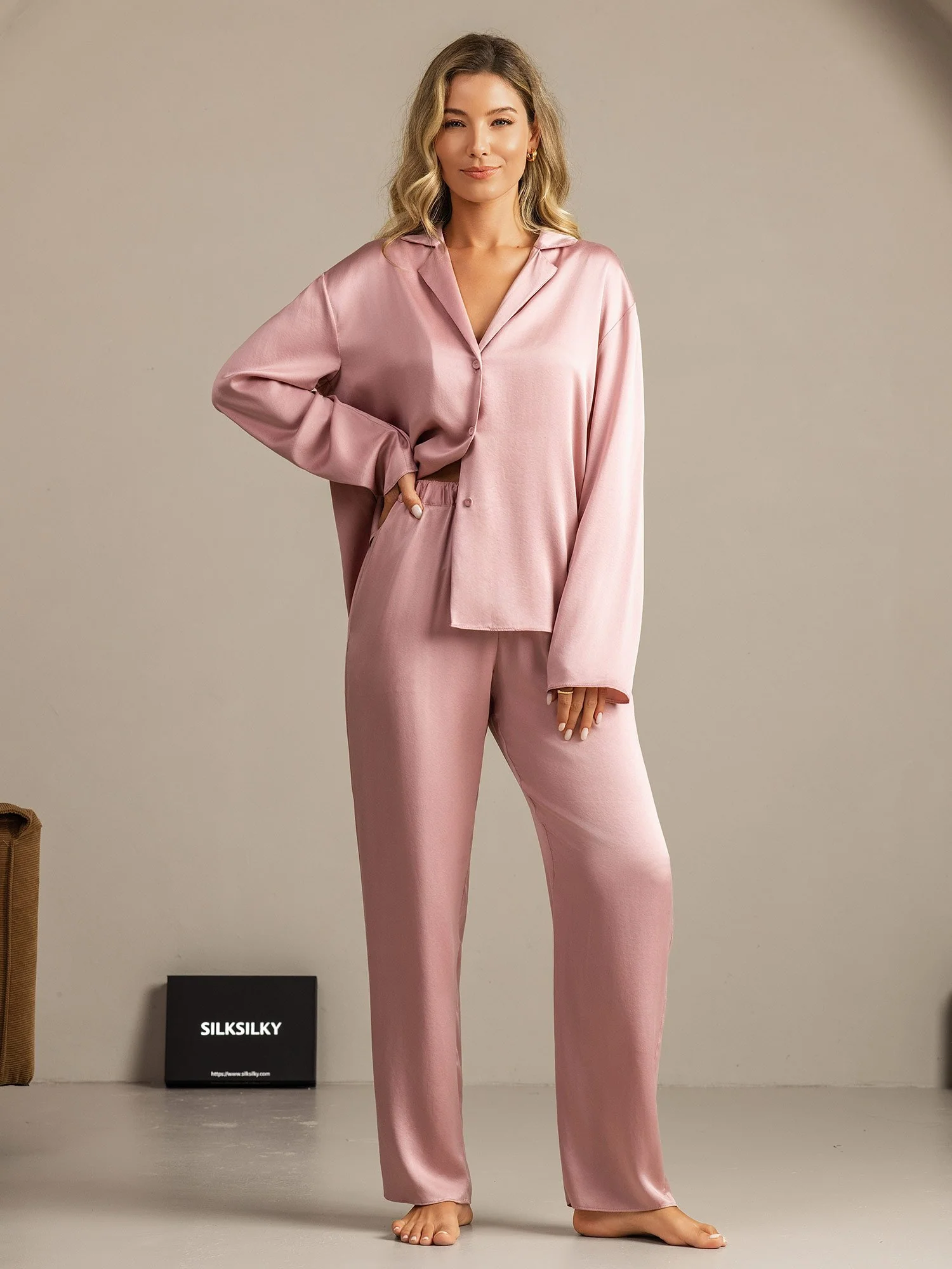 19Momme Seda Lavable Manga Larga Cuello Notch Conjunto de Pijama para Mujer - Image 19