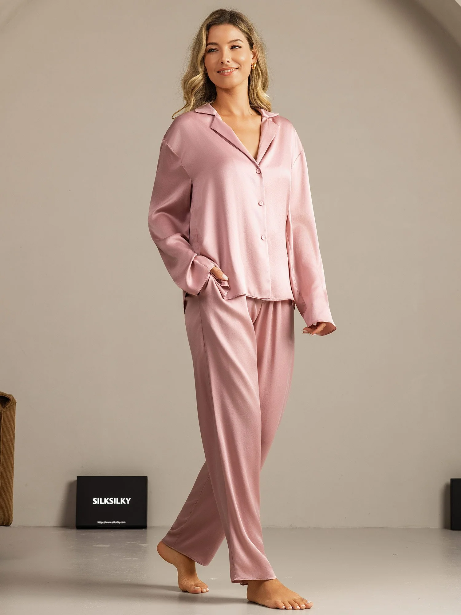 19Momme Seda Lavable Manga Larga Cuello Notch Conjunto de Pijama para Mujer - Image 22