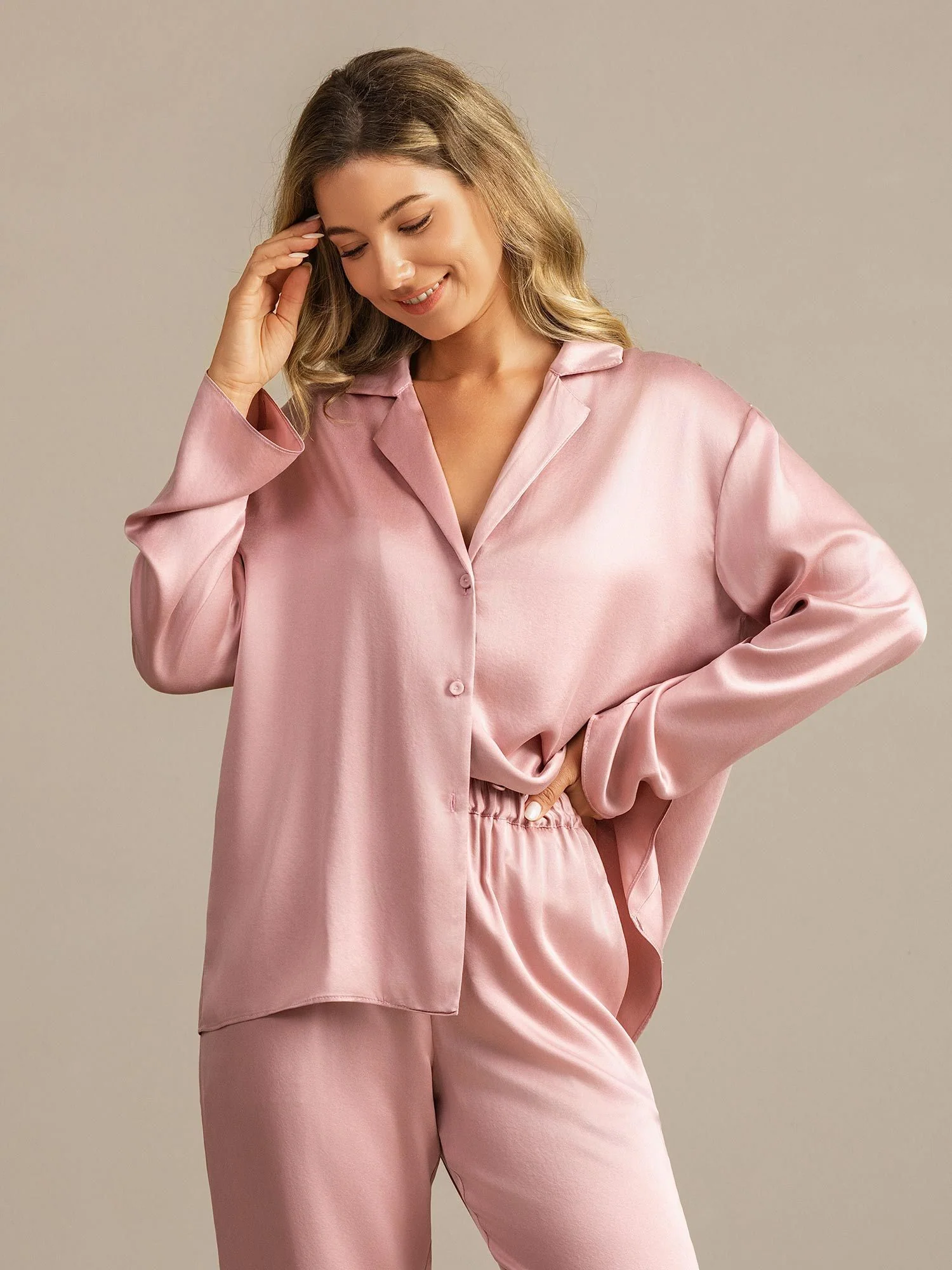 19Momme Seda Lavable Manga Larga Cuello Notch Conjunto de Pijama para Mujer - Image 23