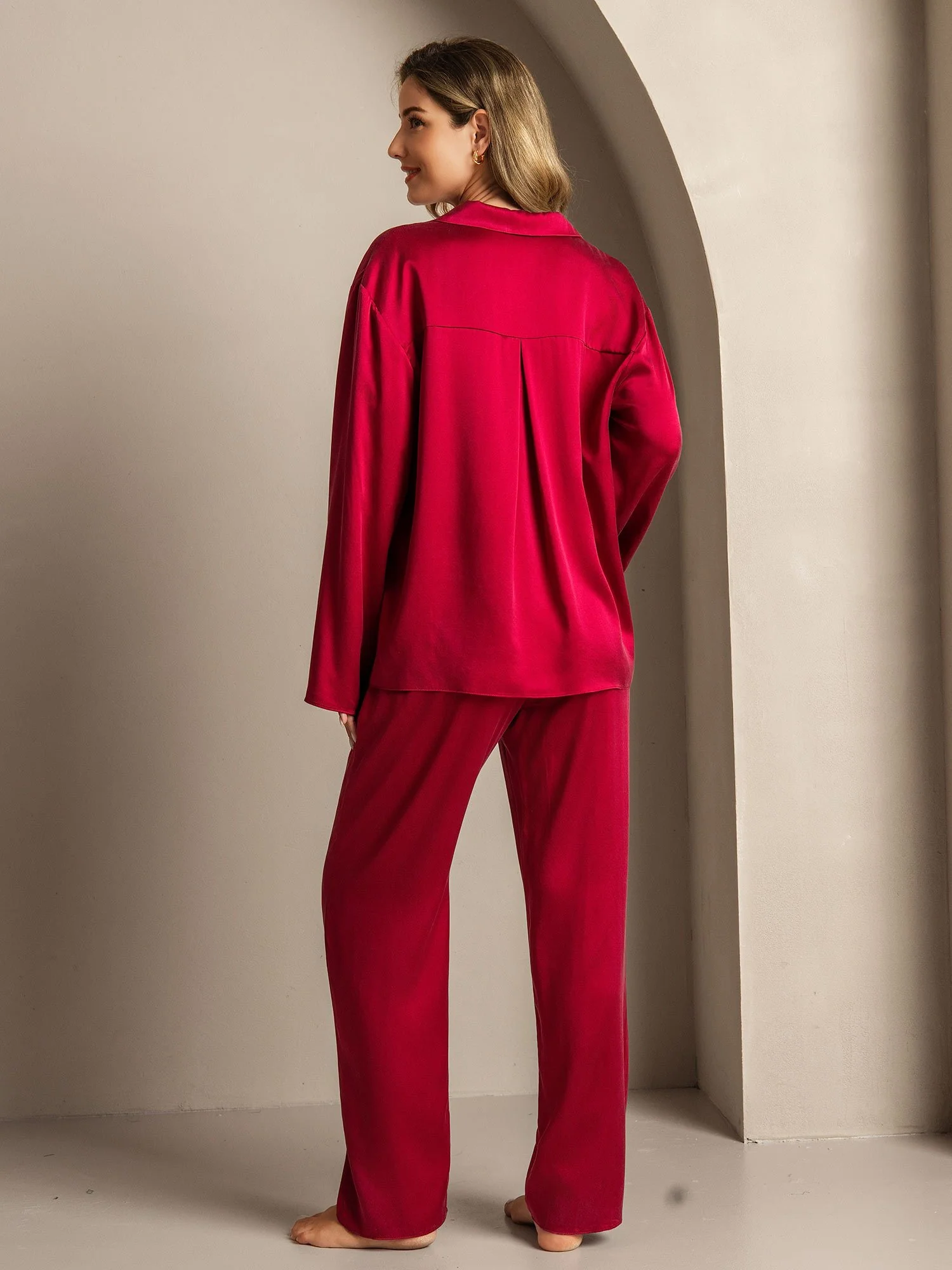 19Momme Seda Lavable Manga Larga Cuello Notch Conjunto de Pijama para Mujer - Image 34
