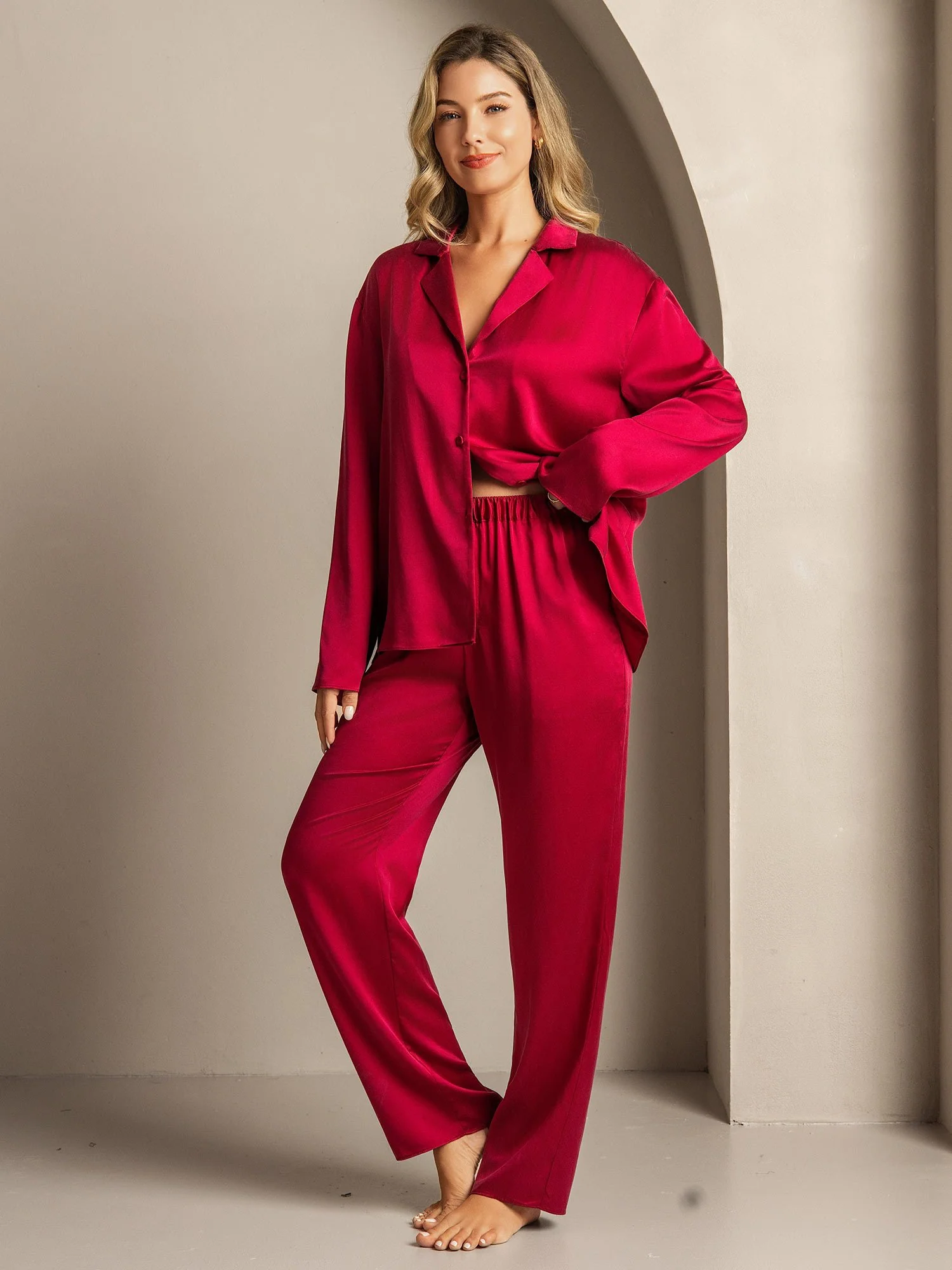 19Momme Seda Lavable Manga Larga Cuello Notch Conjunto de Pijama para Mujer - Image 36