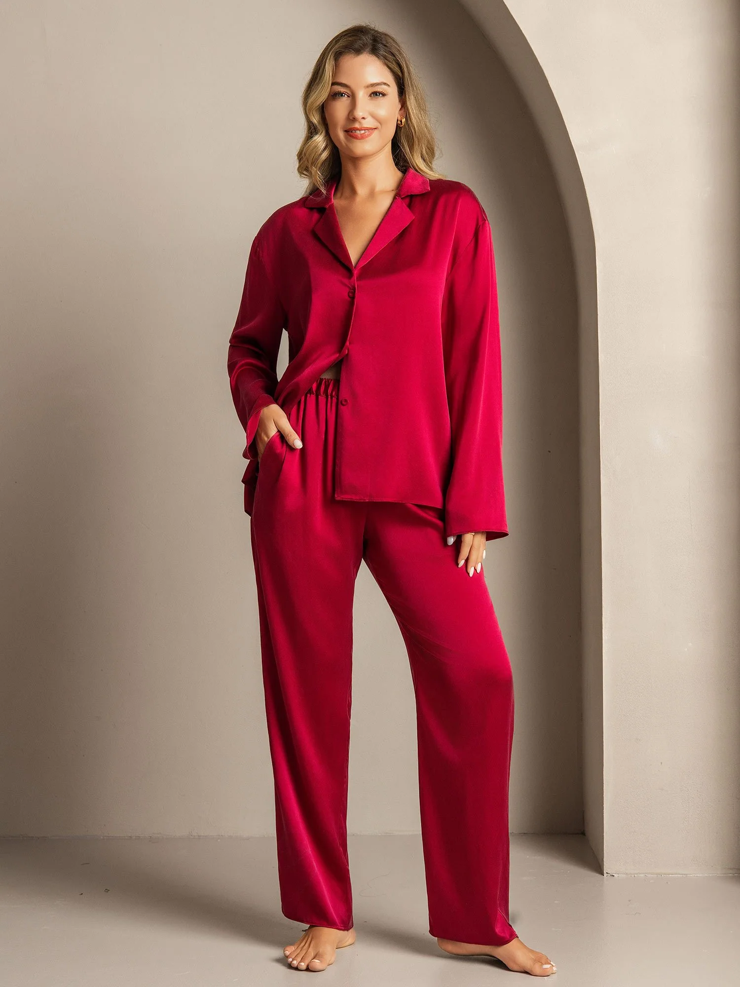 19Momme Seda Lavable Manga Larga Cuello Notch Conjunto de Pijama para Mujer - Image 37