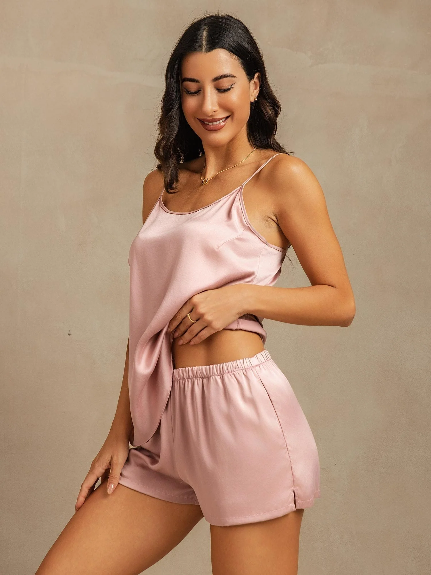 19 Momme Seda Lavable Conjunto de Camisón con Tirantes Spaguetti y Cuello Redondo con Diseño de Bolsillos Laterales - Image 3